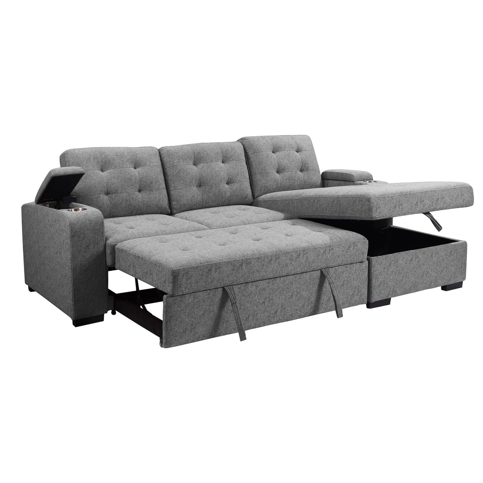 Benjara 120 Inch Sleeper Sectional Sofa Bed with Storage, Modern Tufted Gray Fabric