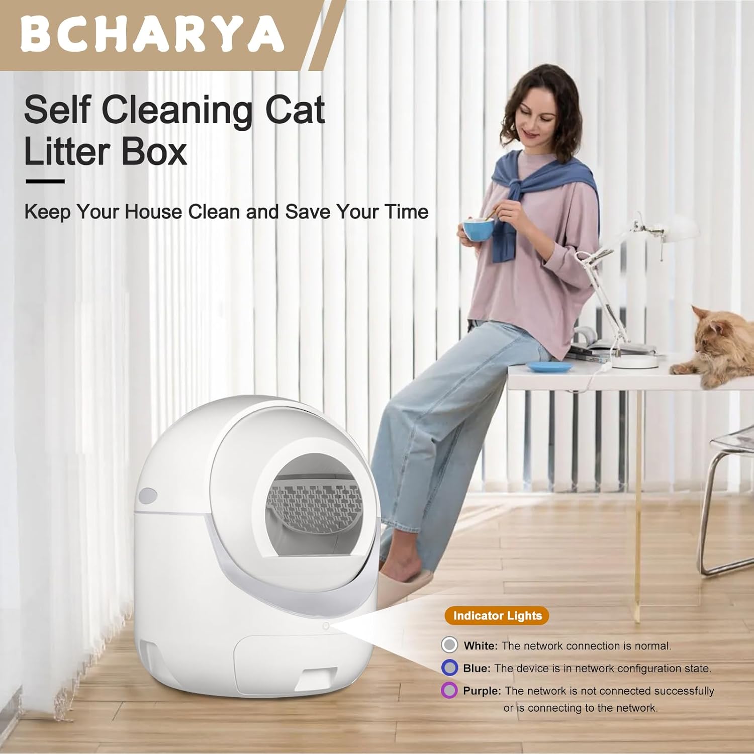 Self Cleaning Cat Litter Box, Automatic Cat Litter Box with APP Control Odor Removal Safety Protection for Multiple Cats, with Garbage Bags