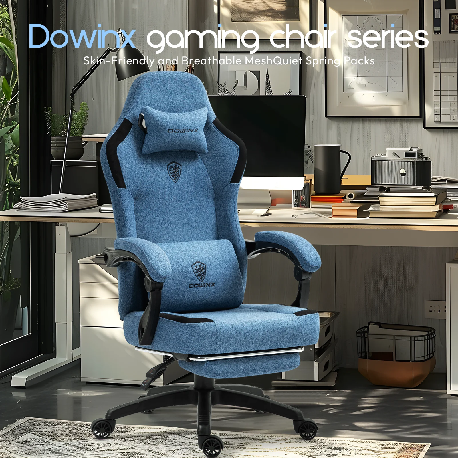 GOOSEA Fabric Gaming Chair with Pocket Spring Cushion, Breathable Computer Chair with Massage Lumbar Support and Footrest, High Back Office Chair for Adults, 300lbs, Grey