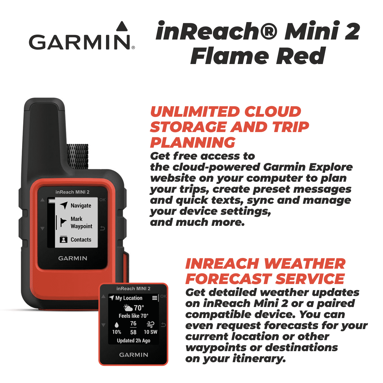 Garmin inReach Mini 2 Satellite Communicator (Flame Red), Hand-Held, Unisex Adult with Wearable4U Power Pack Bundle