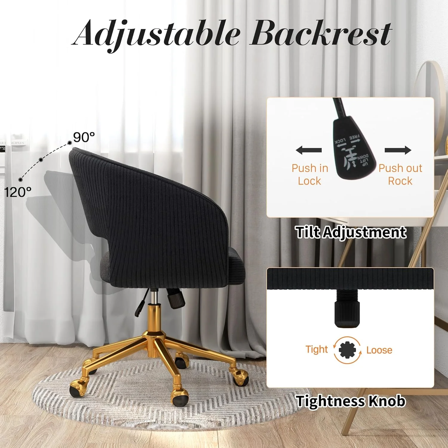 Home Office Swivel Desk Chair, Modern Velvet Vanity Chair, Height Adjustable Armchair with Gold Base, Ergonomic Office Chair for Task Study Computer Room, Beige