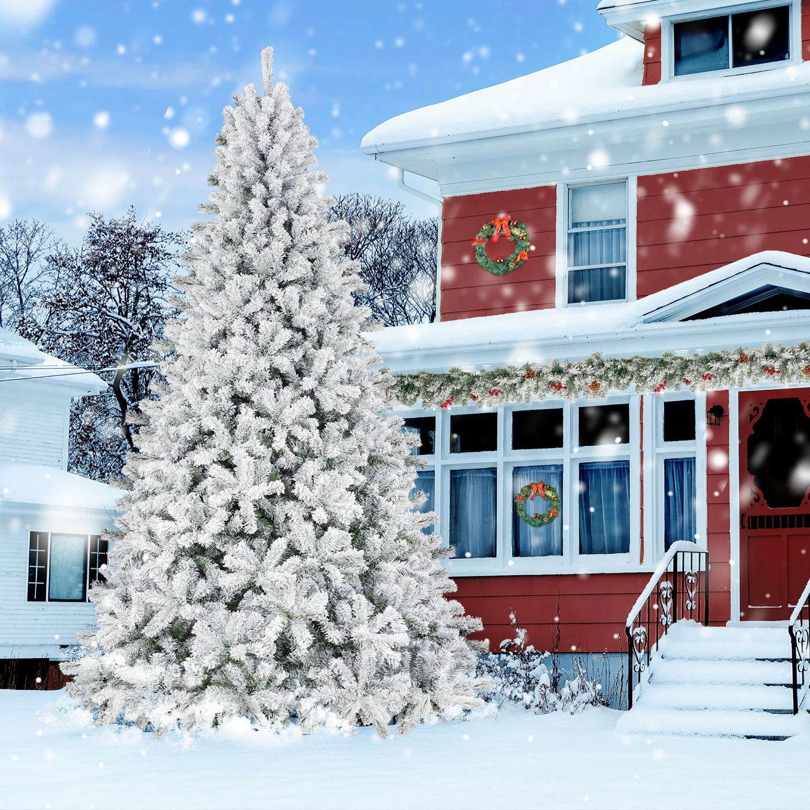 Qunler 9ft Snow Flocked Christmas Tree with 2028 Tips, Artificial Snowy Xmas Pine Tree with Reinforced Metal Base for Home Office Party Holiday Decorations ,White(NO Light)