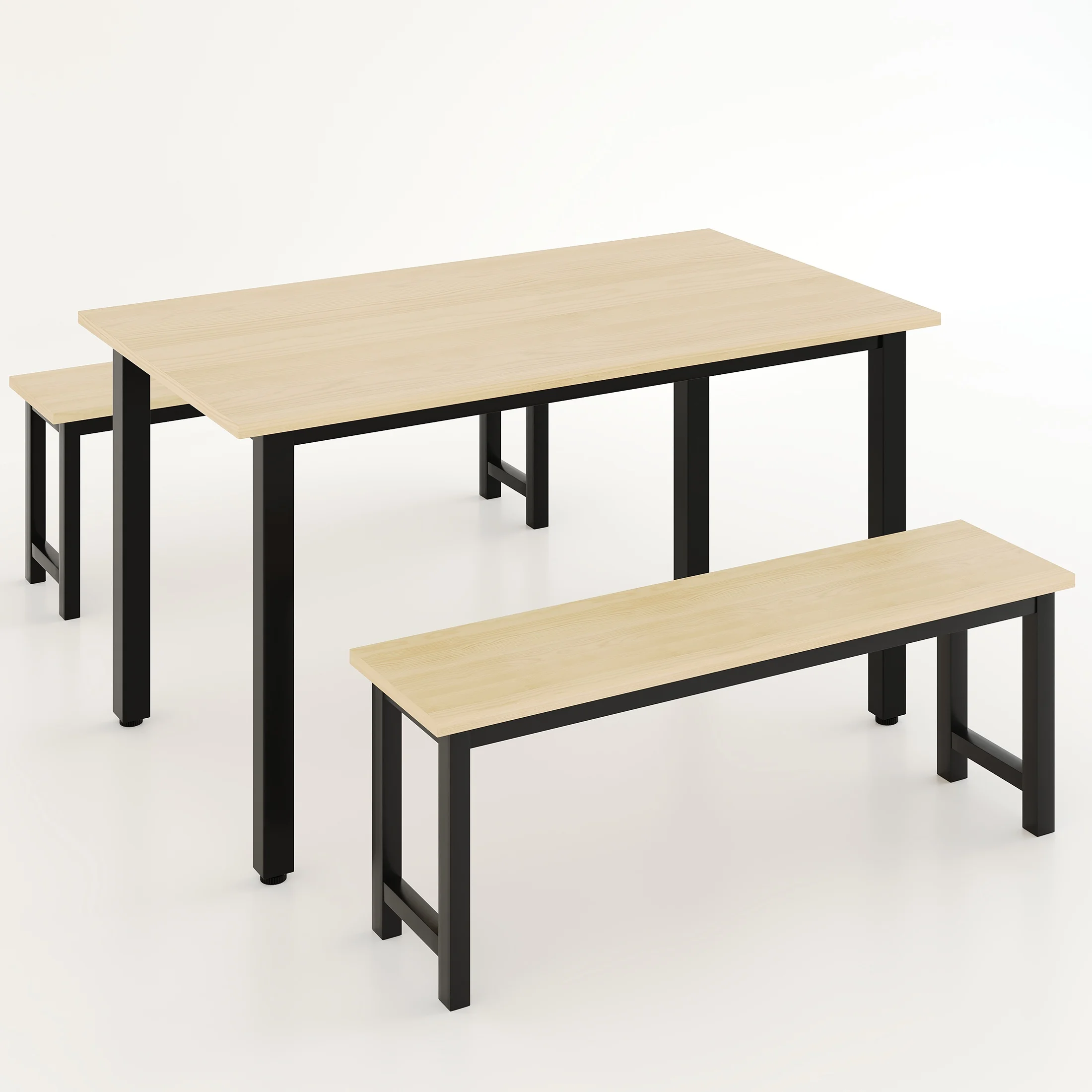 UHOMEPRO Dining Room Table Set, 3-Piece Dining Table Set with 2 Benches, Kitchen Table Set for 4 with Metal Frame, Modern Dining Room Set Furniture Set for Bar Dining Room Breakfast Nook, Black