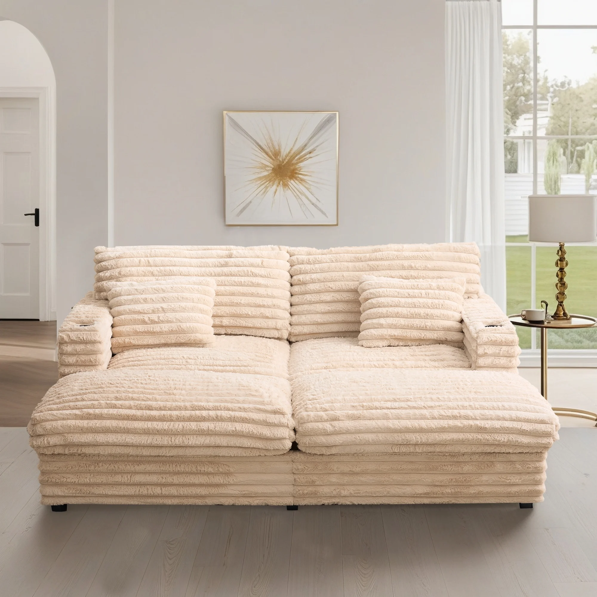 Oversized Double Chaise Lounge, Faux Fur Upholstered Deep Seat Sofa with 2 Pillows, 2 Cupholders, and Dual USB Ports