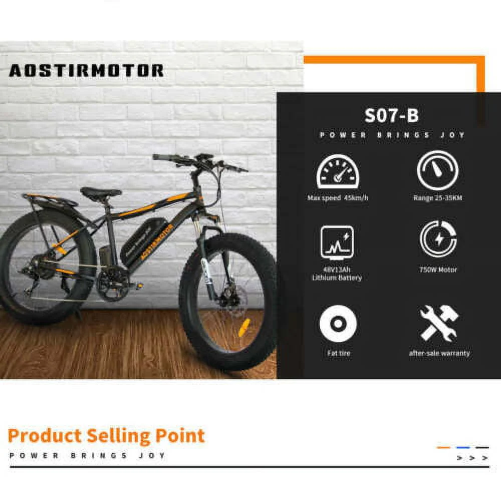 Aostirmotor Electric Mountain Bike, 749W Motor 48V 13AH Removable Lithium Battery Ebike with Rack, 26
