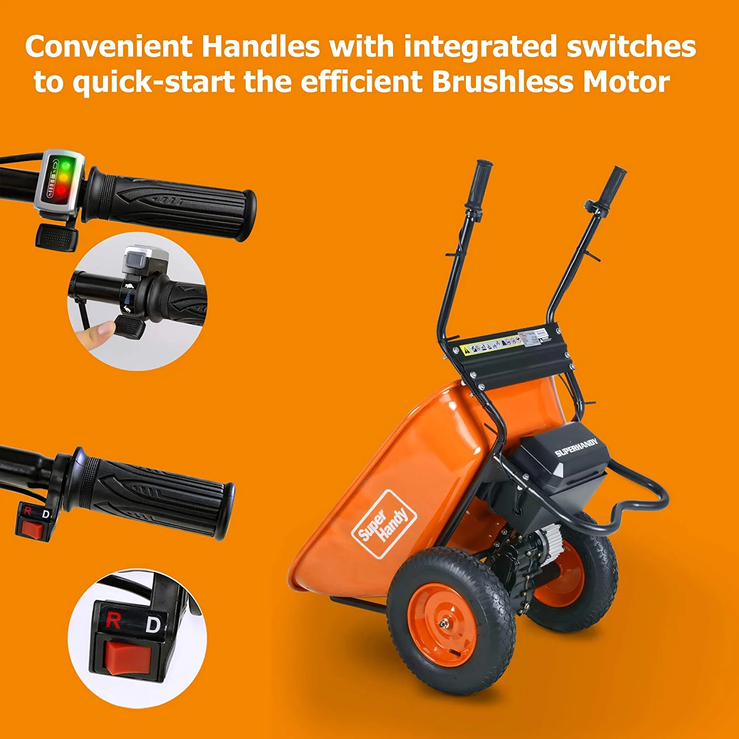 SuperHandy Motorized Wheel Barrow - Electric Self-Propulsion, 48V 2Ah Battery, 330lb Capacity, 4 Cu. Ft Tub, DUMP