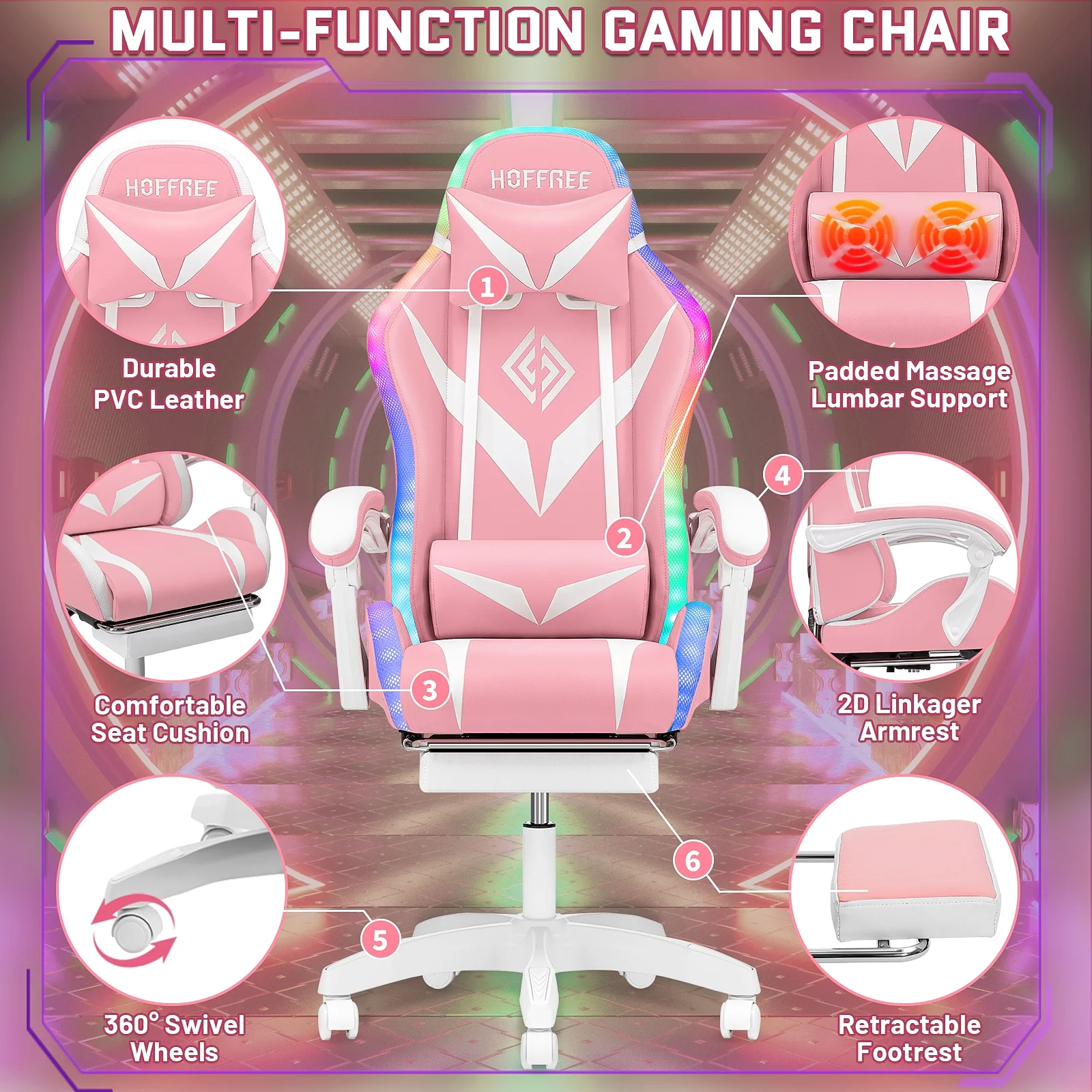 Hoffree Gaming Chair with Speakers PU Leather Office Chair with Footrest and LED Lights Ergonomic Gamer Chair with Massage Lumbar Support and Headrest Adjustable Swivel for Home Office 300lb