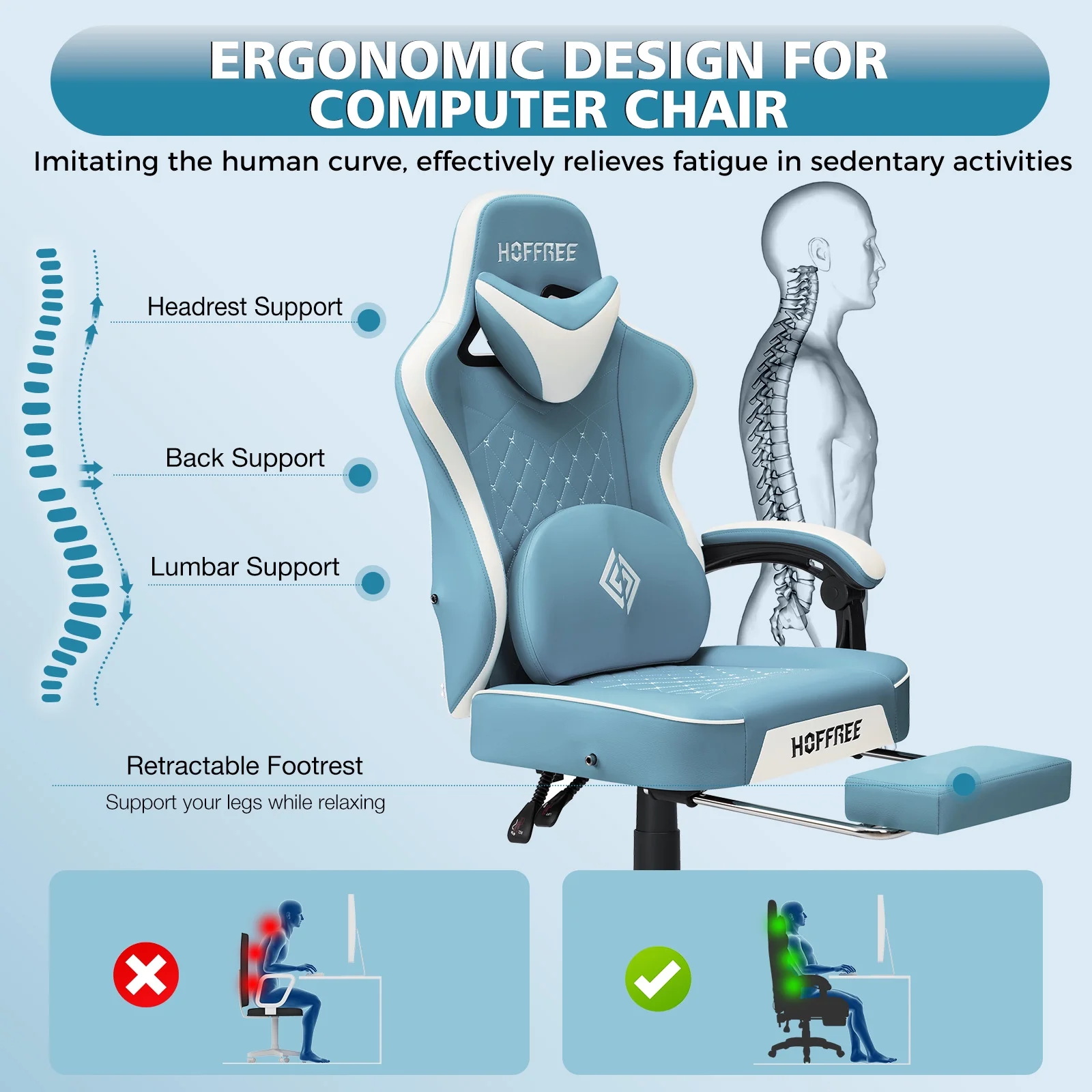 Hoffree Gaming Chair with Speakers PU Gamer Chair with footrest and massage Egonomic Computer Game Chair with Headrest and Lumbar Support for Adults and Office Gaming, 440 LBS