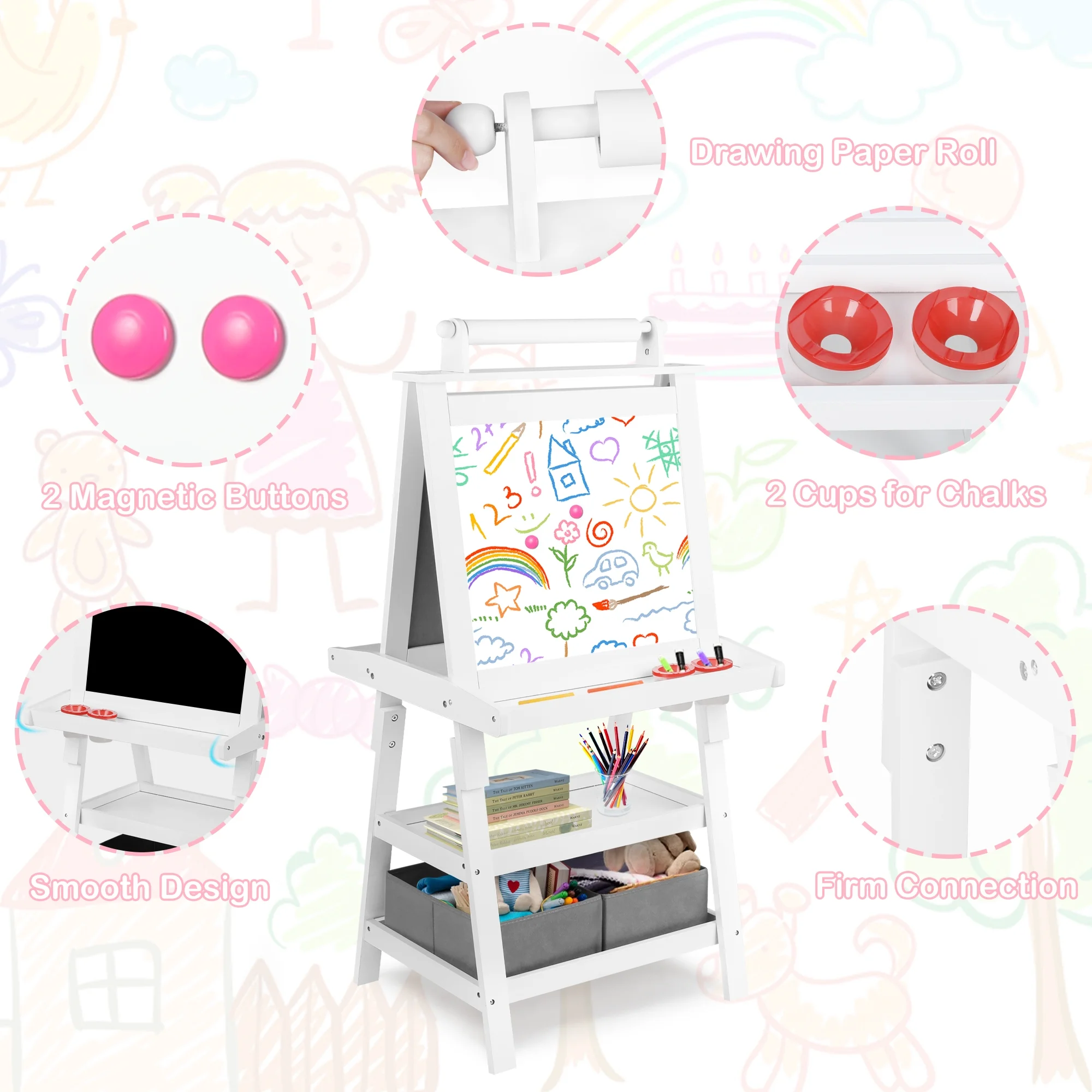 LINLUX 3 in 1 Art Easel for Kid, Whiteboard for Kid with Stand, Magnetic Chalkboard Pizarra, Grey