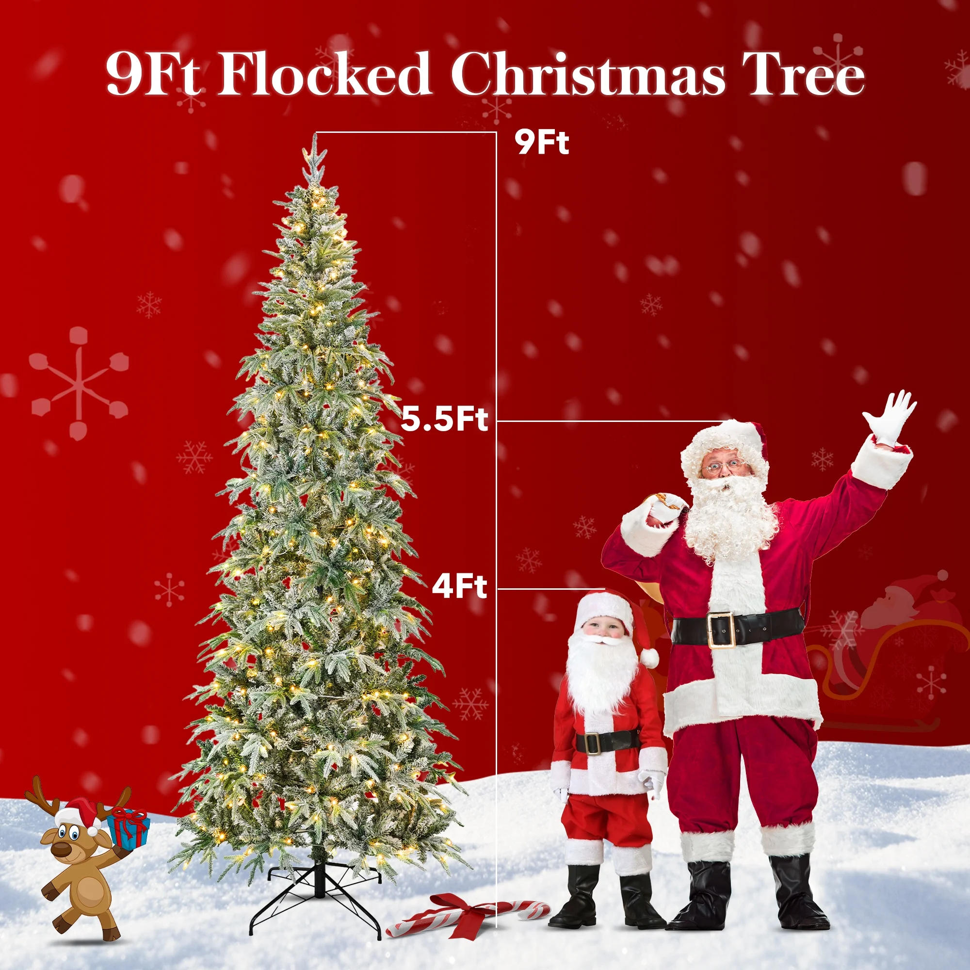 Qunler 9ft Snow Flocked Christmas Tree with 2028 Tips, Artificial Snowy Xmas Pine Tree with Reinforced Metal Base for Home Office Party Holiday Decorations ,White(NO Light)