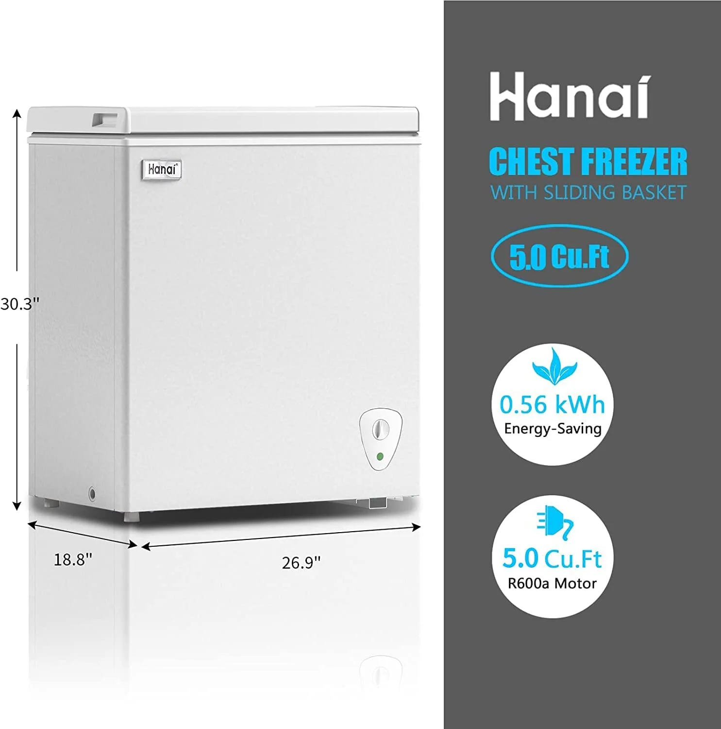 WANAI 5.0 Cubic Chest Freezer, Compact Deep Freezer with Top Open Door and Removable Storage Basket, 7 Gears Temperature Control, Energy Saving, for Office Dorm or Apartment