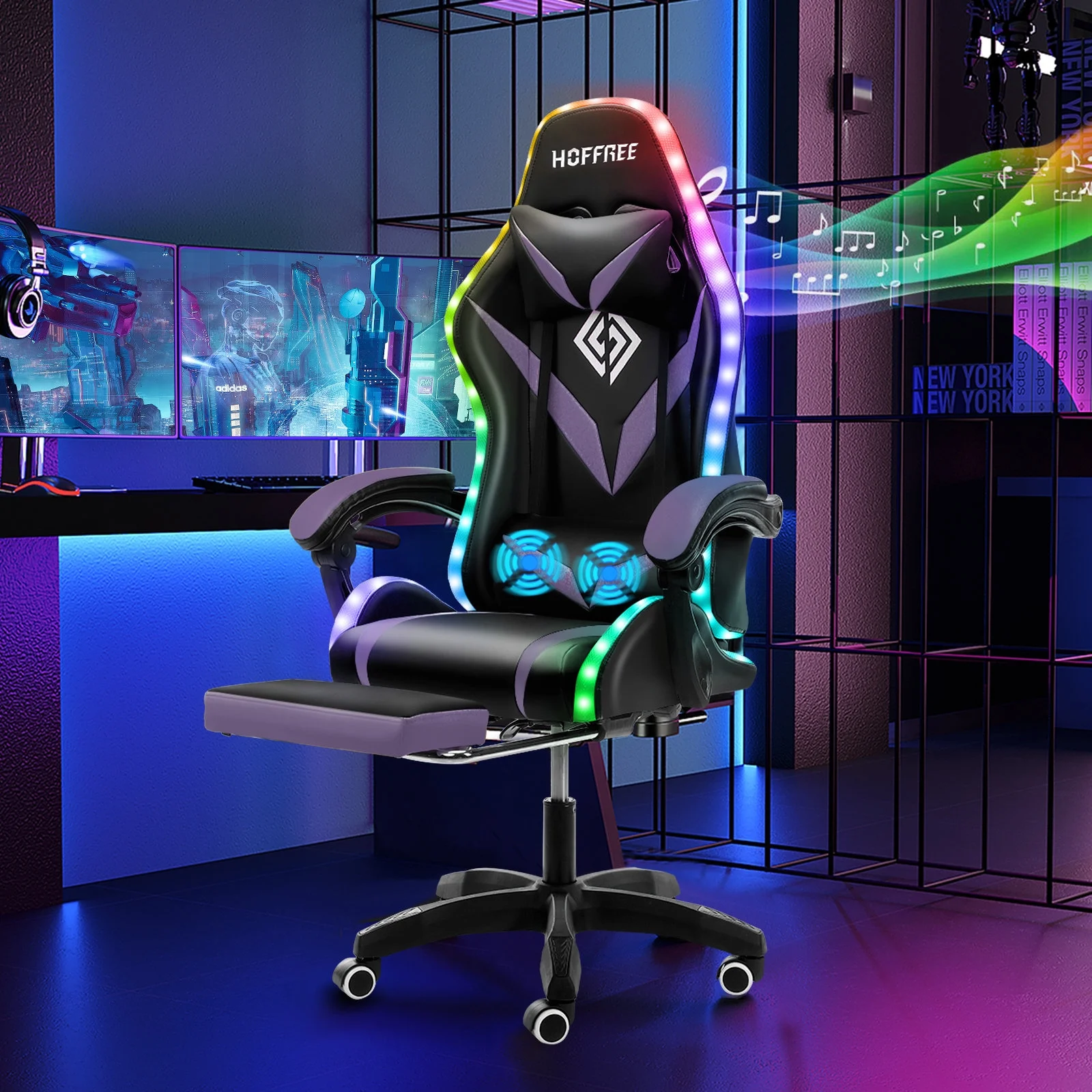 Hoffree Gaming Chair with Speakers PU Leather Office Chair with Footrest and LED Lights Ergonomic Gamer Chair with Massage Lumbar Support and Headrest Adjustable Swivel for Home Office 300lb