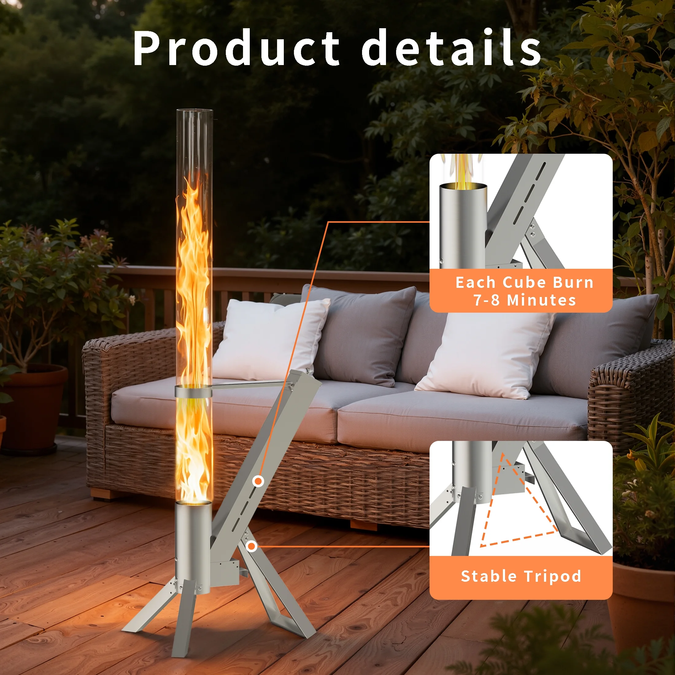 Enyopro 2 Piece Outdoor Smokeless Pellet Heater, Portable 430 Stainless Steel Glass Tube, Patio Pellet Torch with Tripod, Upgraded Ashtray, Eco-Friendly Wood Heater for Backyard, Patio, Camping