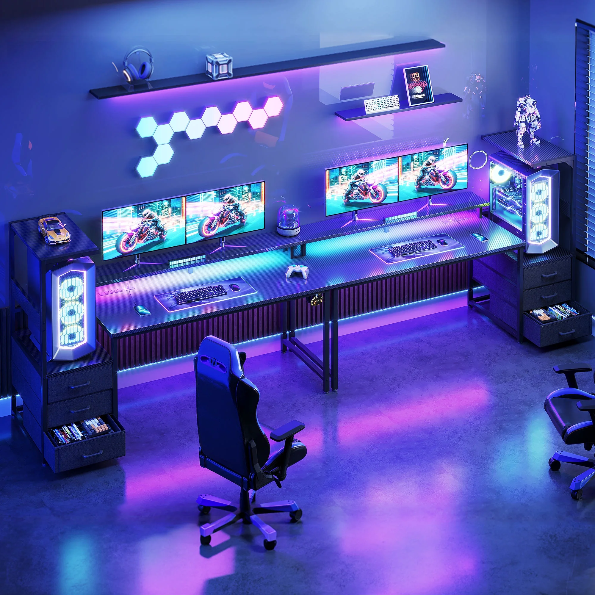 59 inch Gaming Desk with USB Charging Ports & LED Light- Reversible Computer Desk with Storage Shelves & Monitor Stand, Modern Gamer Desk Table with Fabric Drawers & Side Hook, Carbon Fiber Black