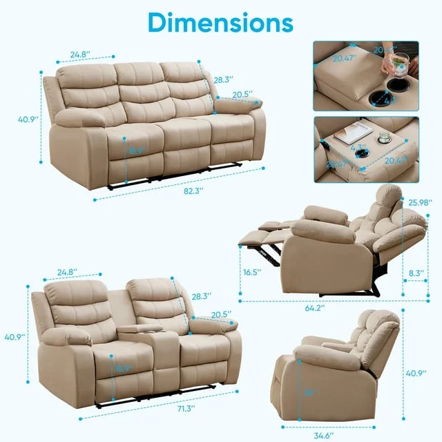 MUZZ Modern Reclining Sofa ,3-Seater Recliner Sofa with Cup Holders, Flip-Up Storage, Reversible Backrest and Footrest, Gray