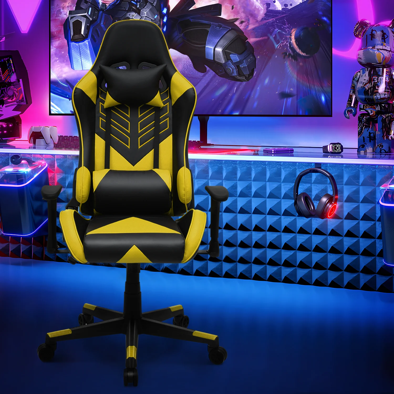 Magshion Ergonomic Gaming Chair, Comfortable Gaming Chair, Computer Chair Leather Desk Chair Adjustable Swivel Gaming Office Chair, Blue