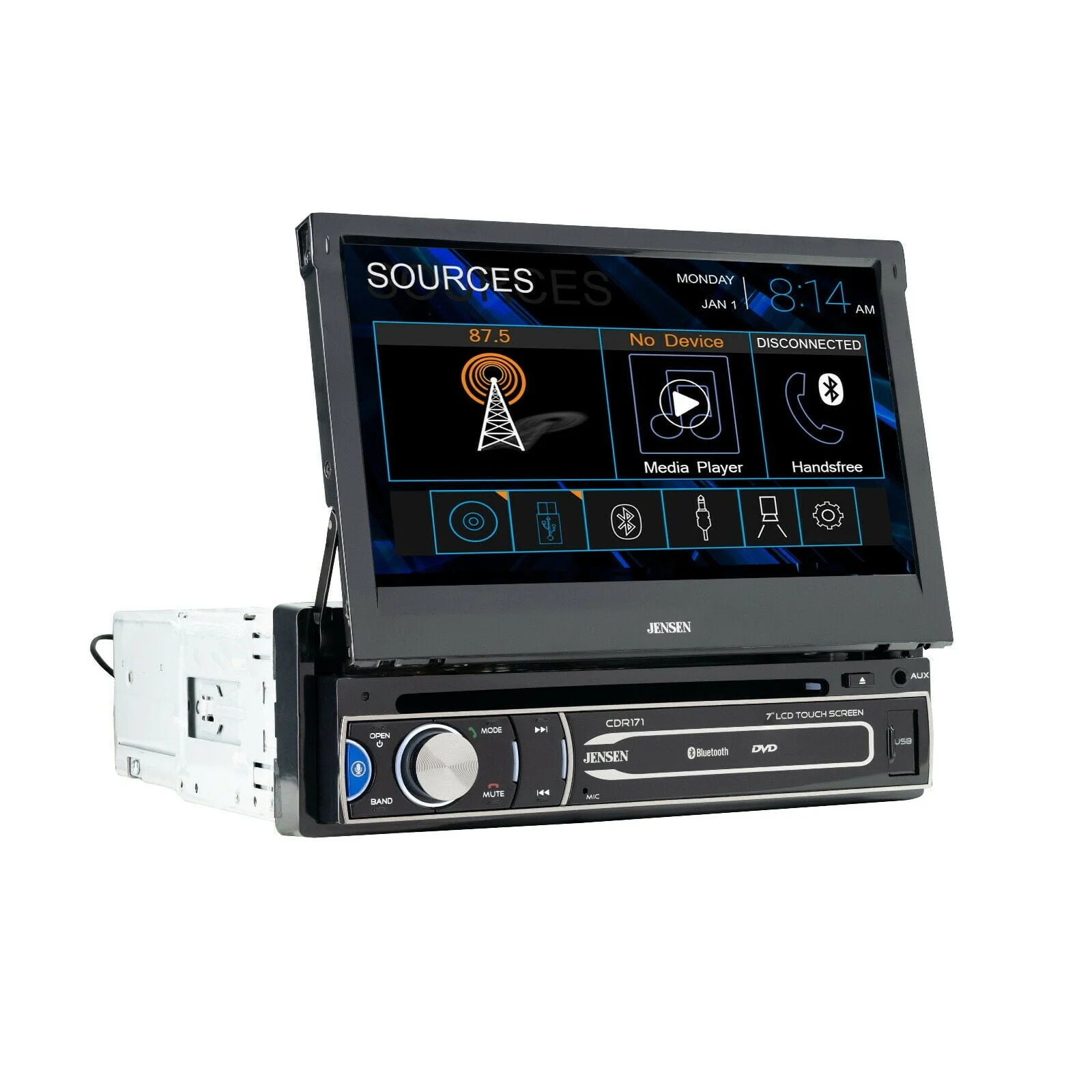 JENSEN CDR171 7 inch Single DIN Car Stereo Radio | AM/FM Motorized Flip Out LED Media Touch Screen