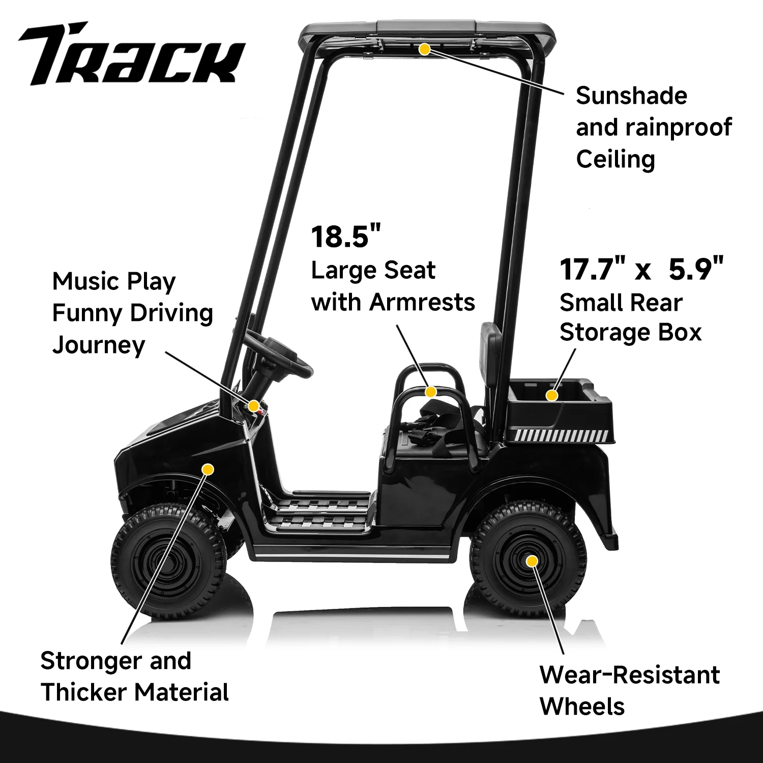 Track Seven 24V Ride on Car, Electric Golf Cart with Ceiling, Ride on Truck with Remote Control, Music, Rear Storage Box, Electric Car for Boys Girls Age 3+, 18.5