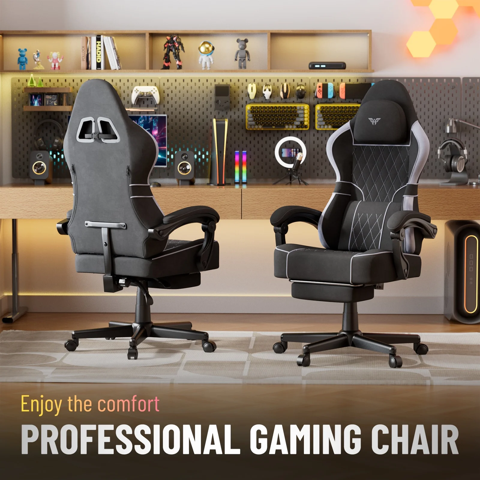 SOONTRANS Gaming Chair for Adults, Velvet Fabric High Back Comfortable Video Game Chair with Footrest and Massage Lumbar Cushion, Racing Computer Desk Chair, Ergonomic Gamer Chair, Black/Grey