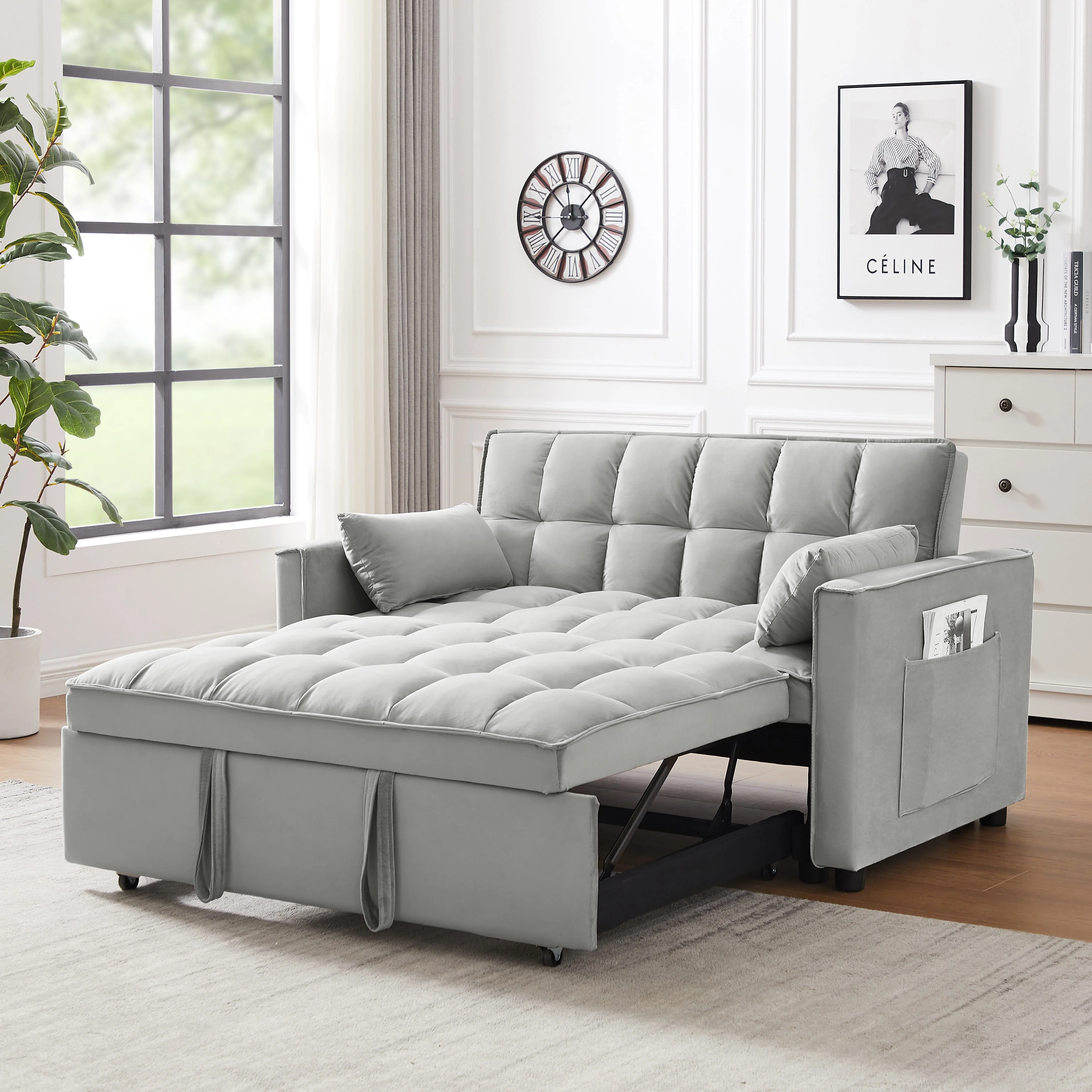 Convertible Sofa Bed,Modern Velvet Loveseat Futon Sofa Couch Pull out Sleep Bed,Small Love Seat Lounge Sofa with Reclining Backrest,Toss Pillows,Pockets,Furniture for Living Room,Gray