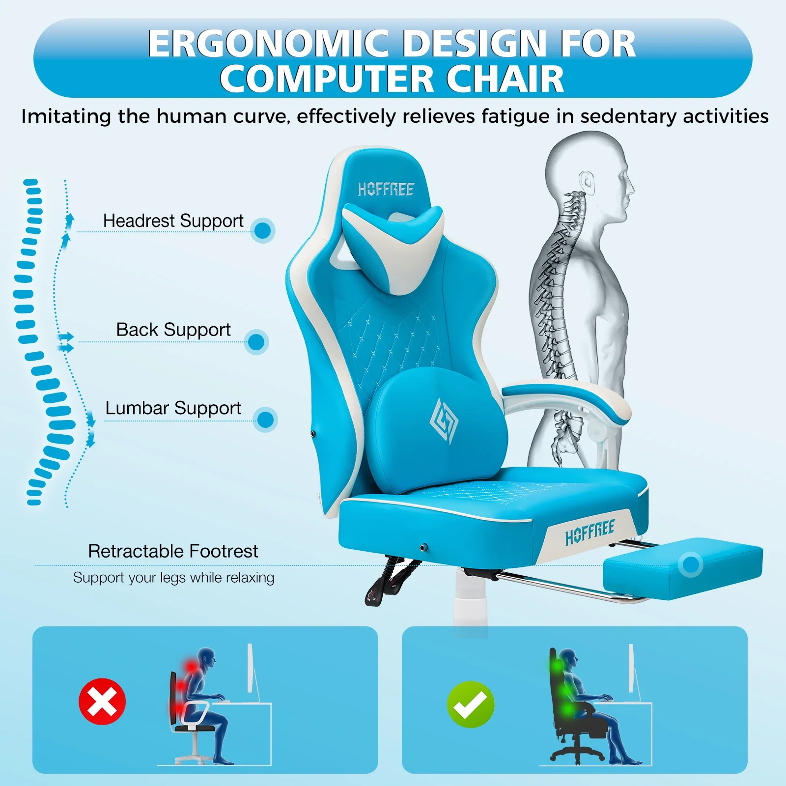 Hoffree Gaming Chair with Speakers PU Gamer Chair with footrest and massage Egonomic Computer Game Chair with Headrest and Lumbar Support for Adults and Office Gaming, 440 LBS