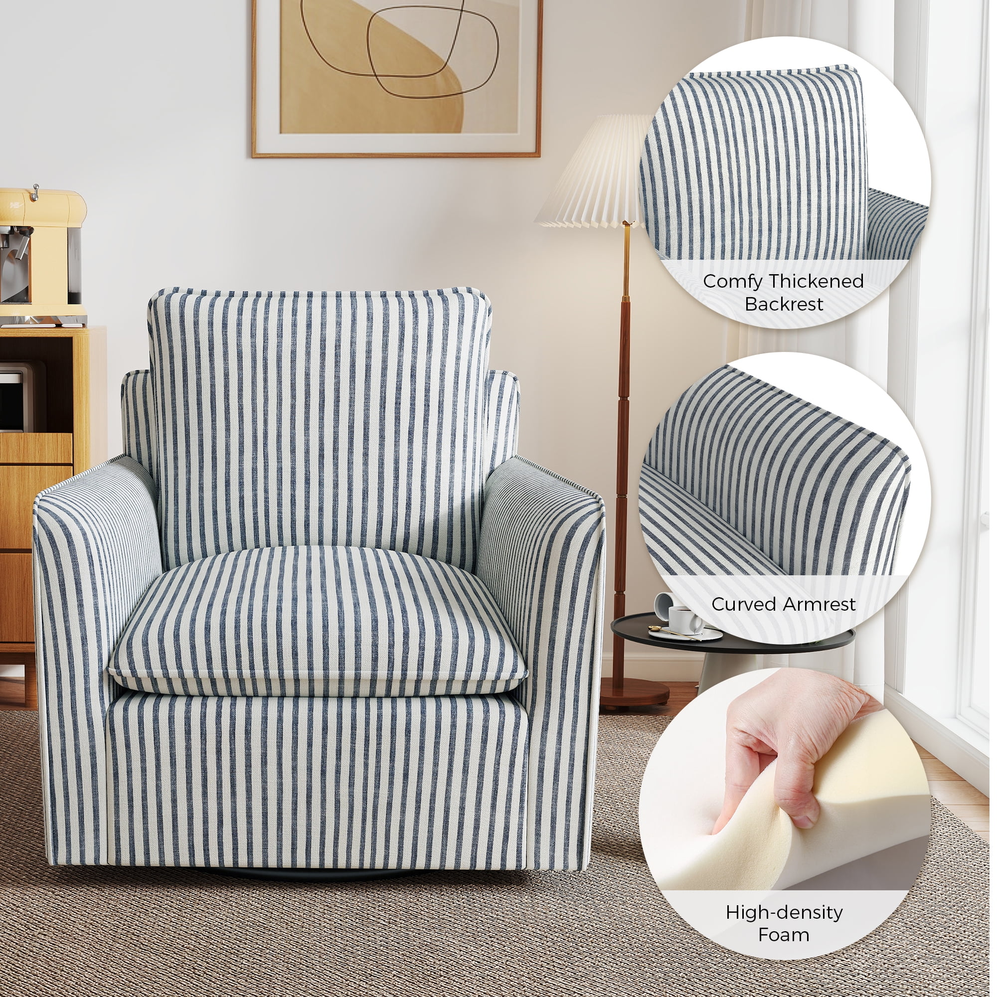 Bonzy Home 360�� Swivel Chair with Thick Cushion �C Blue Stripe Fabric Accent Chair for Living Room, Bedroom, Office �C Fully Assembled