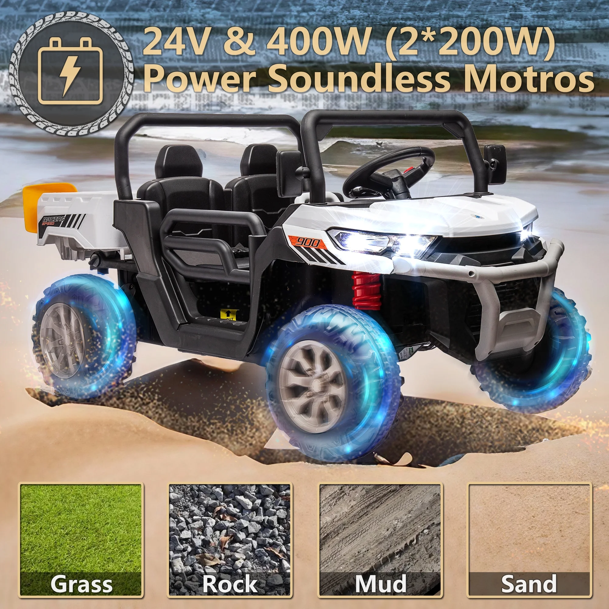 Xuanlur 24V 2 Seater Kids Ride on Car Truck, Ride on UTV W/ 2x200W Motor, 24 Volt Ride on Toys W/ Dump Bed/Shovel, Electric Car for Kids W/ Durable Tires, LED Light, Music, Remote Control, Black