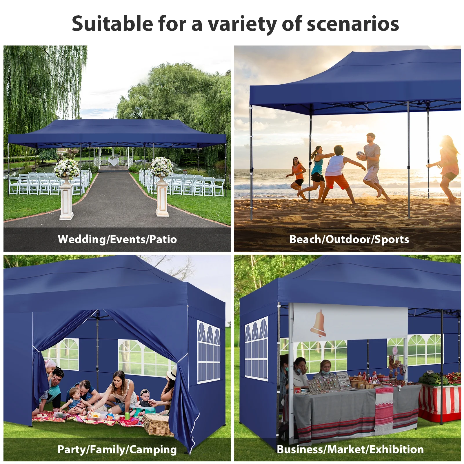 SANOPY 10'x30' Canopy Heavy Duty Pop Up Canopy Tent Outdoor Gazebo Shelter Portable Instant Commercial Wedding Party Tent with 8 Removable Sidewalls&3 Heigh Adjustable&Roller Bag,Dark Blue