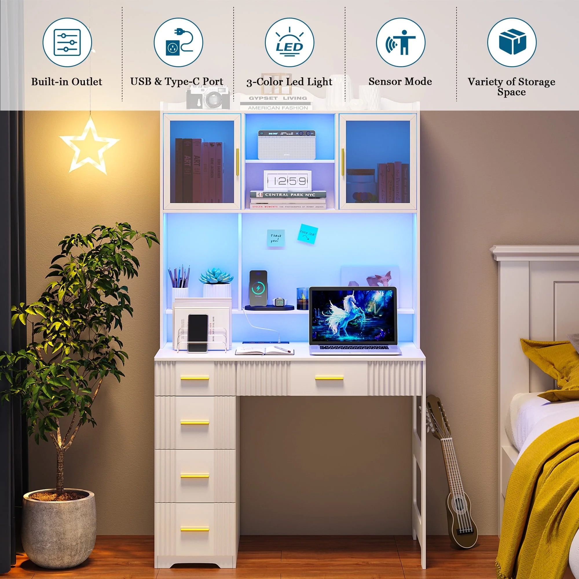 HNEBC LED Study Desk with Hutch and Drawer, Home Office Desk with Outlet, Computer Desk with Charging Station, Writing Desk for Bedroom, Workstation for Small Space