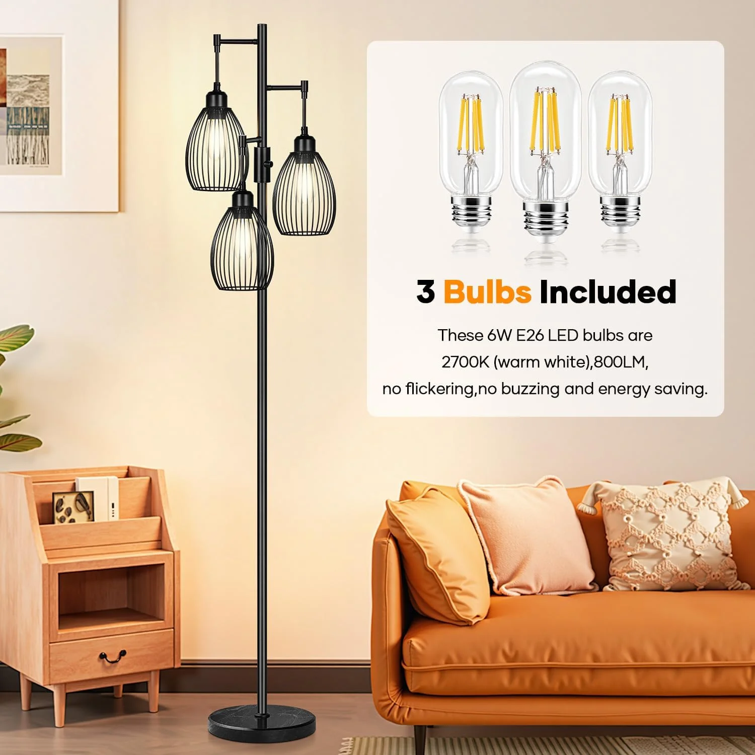 Dimmable Floor Lamp, 3 x 800LM LED Edison Bulbs Included, Farmhouse Industrial Floor Lamp Standing Tree Lamp with Elegant Teardrop Cage Tall Lamps for Living Room Bedroom Office Dining Room