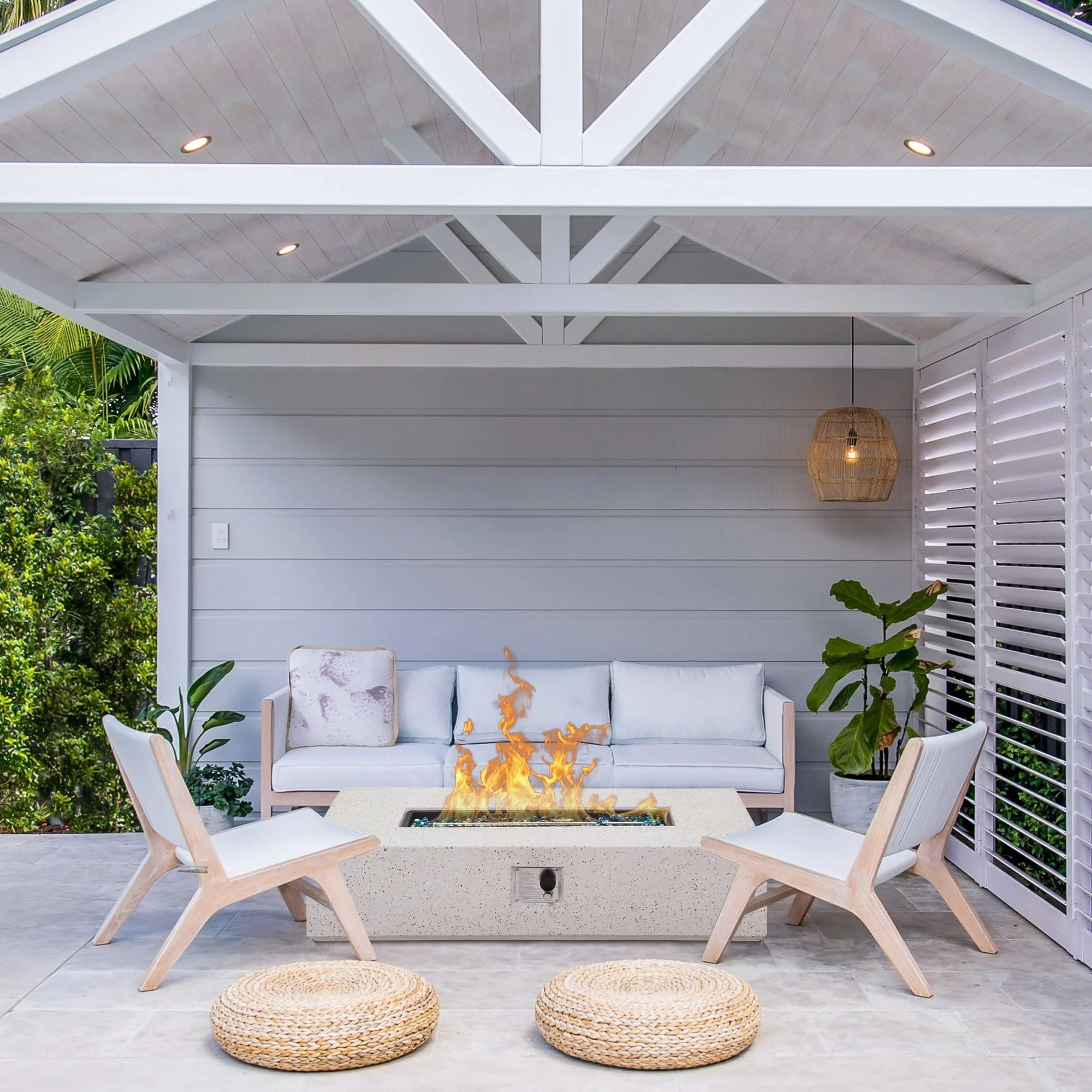 ESSENTIAL LOUNGER 56 inch Concrete Propane Fire Pit Table, 50,000 BTU Outdoor Firepit Rectangular Table for Garden＆Patio, with Propane Tank Metal Stand, Fire Glass Beads and Waterproof Cover, White