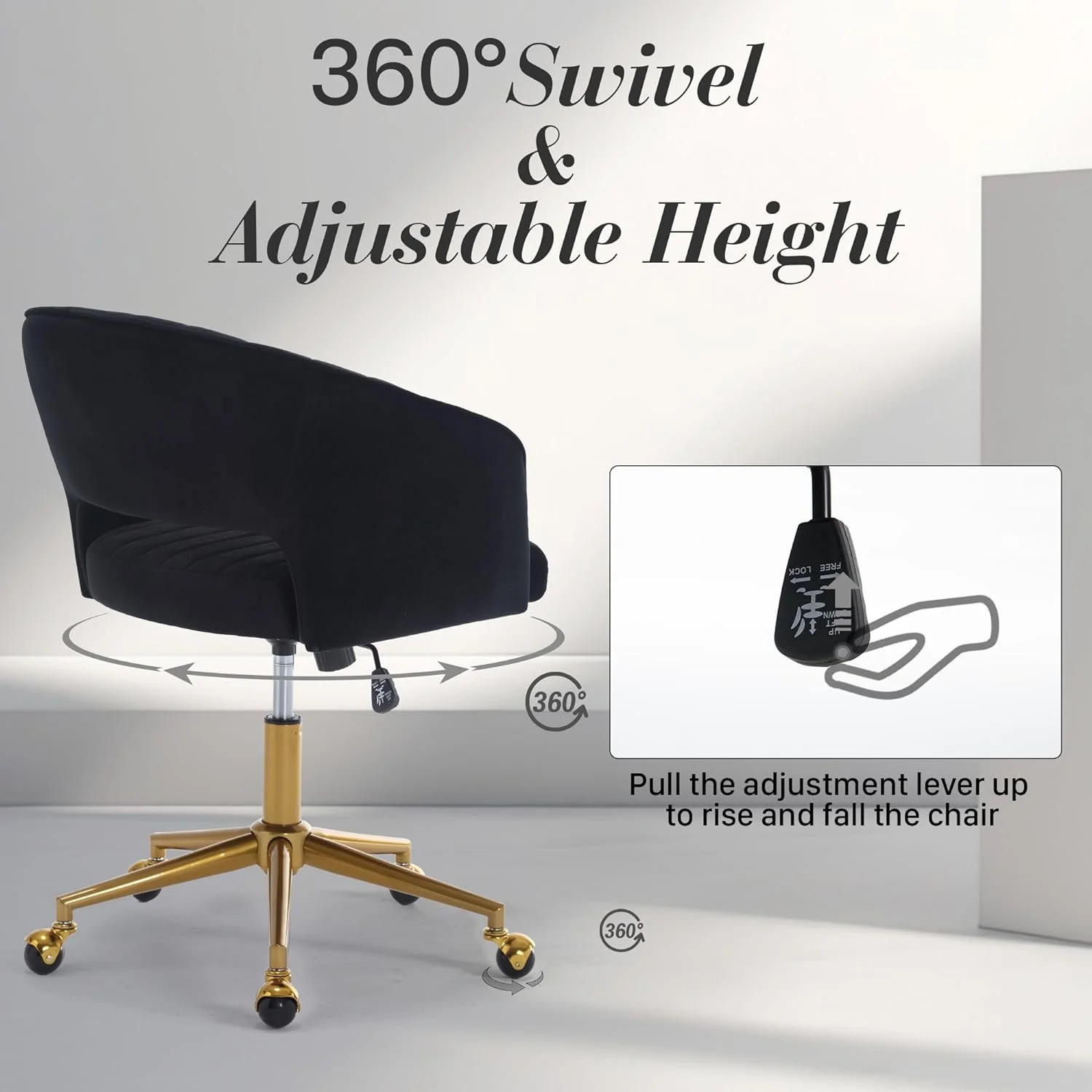 Home Office Swivel Desk Chair, Modern Velvet Vanity Chair, Height Adjustable Armchair with Gold Base, Ergonomic Office Chair for Task Study Computer Room, Beige