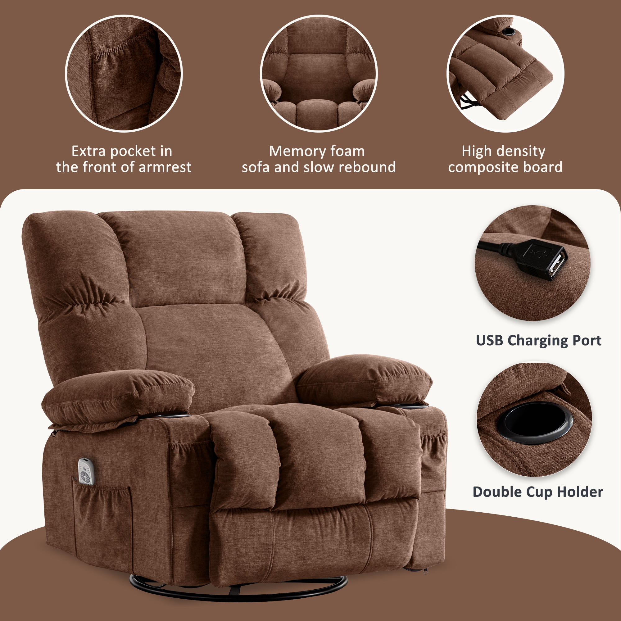 JONPONY Manual Recliner Chair with Heat Therapy and Massage Function, Heavy Duty Reclining Mechanism Massage Chair, Elderly Single Rocker Sofa with Cup Holders for Bedroom Home Theater,Grey