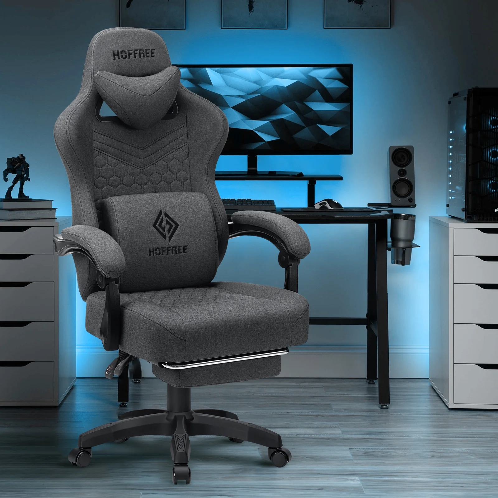 Hoffree Gaming Chair with Speakers Fabric Gamer Chair with footrest and massage Big and Tall Video Game Chair with Headrest and Lumbar Support for Adults