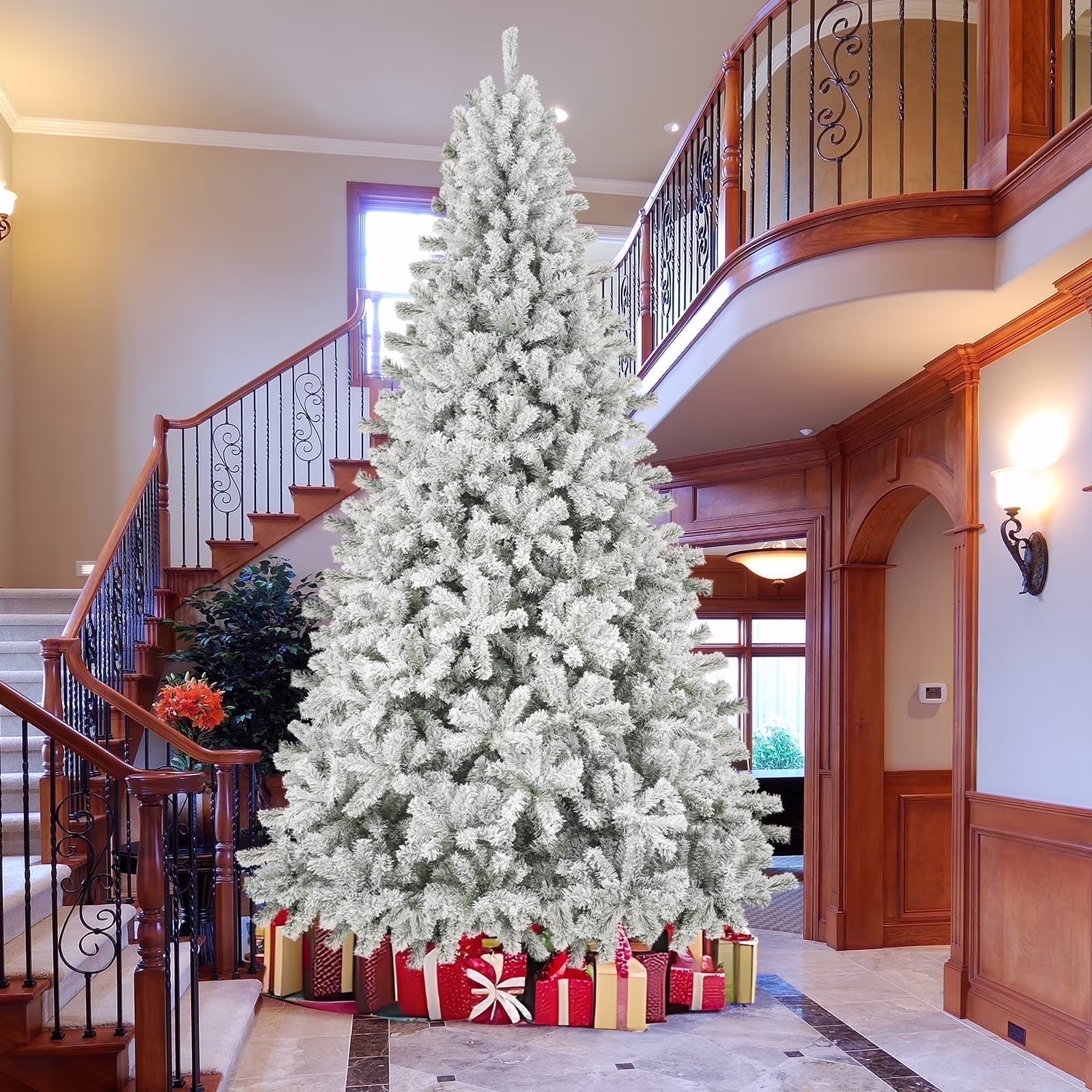 Qunler 9ft Snow Flocked Christmas Tree with 2028 Tips, Artificial Snowy Xmas Pine Tree with Reinforced Metal Base for Home Office Party Holiday Decorations ,White(NO Light)