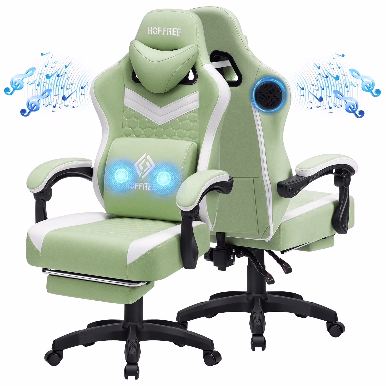 Hoffree Gaming Chair with Speakers Fabric Gamer Chair with footrest and massage Big and Tall Video Game Chair with Headrest and Lumbar Support for Adults
