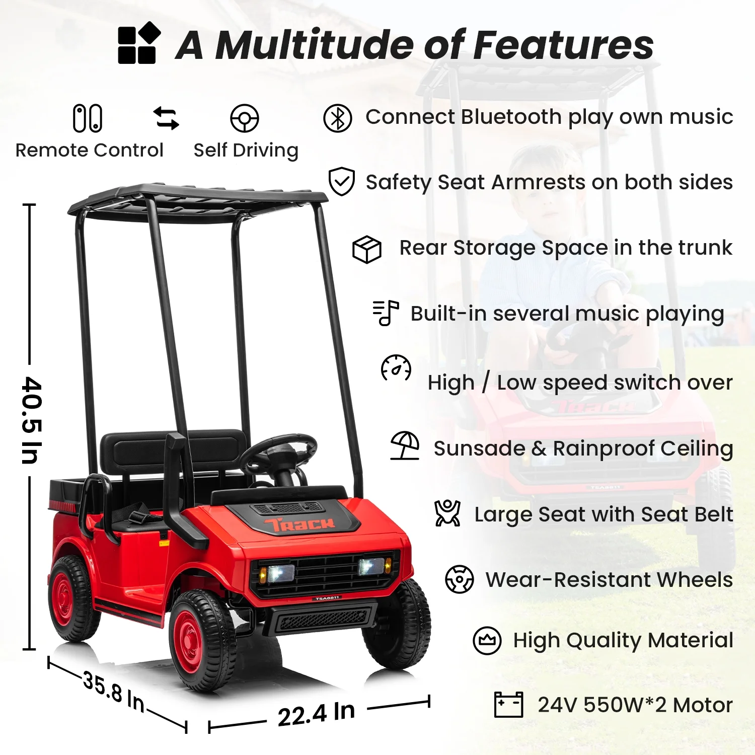 Track Seven 24V Ride on Car, Electric Golf Cart with Ceiling, Ride on Truck with Remote Control, Music, Rear Storage Box, Electric Car for Boys Girls Age 3+, 18.5