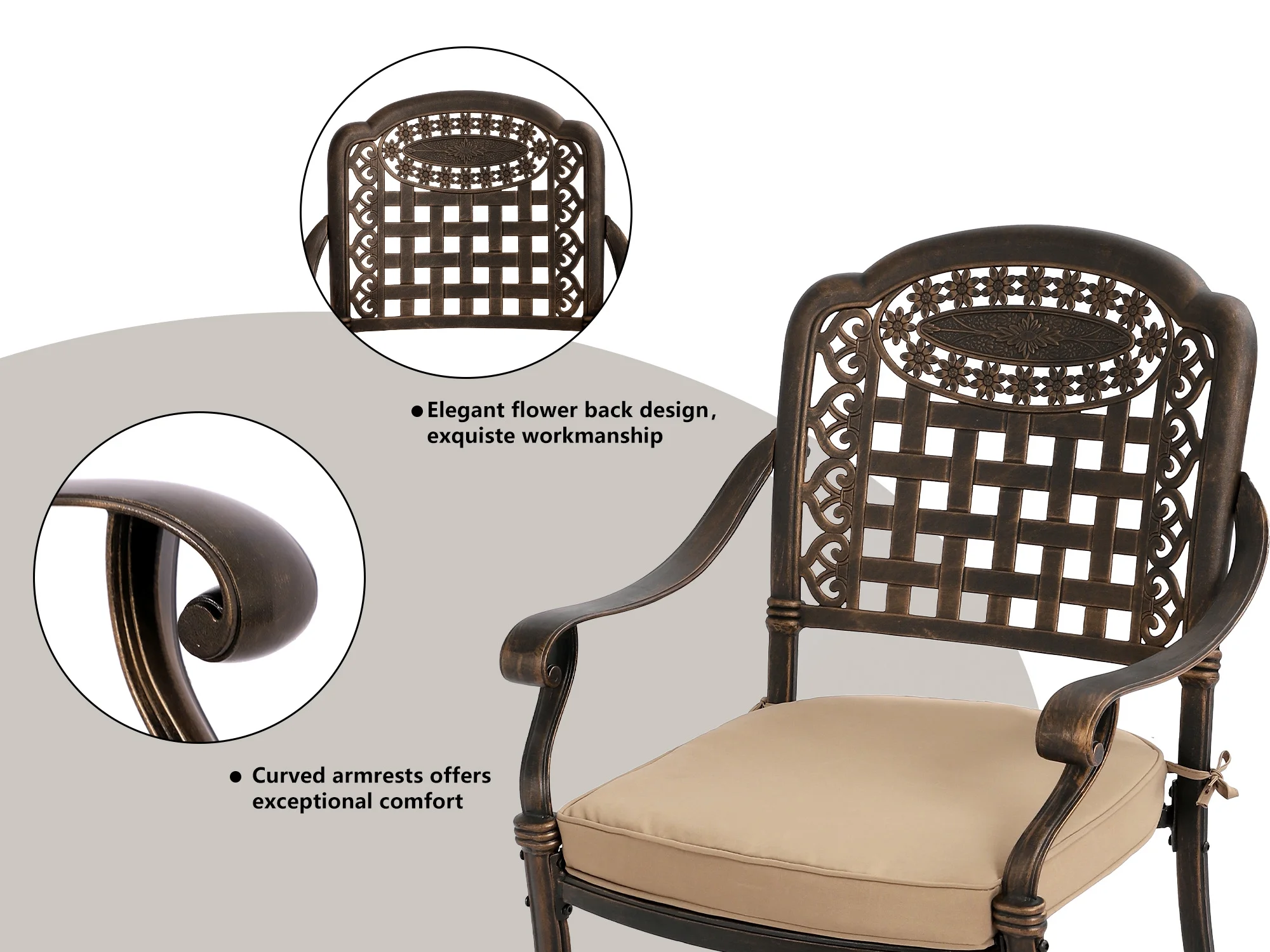 7-Piece Outdoor Furniture Dining Set, Cast Aluminum Patio Conversation Set with Table, 6 Chairs and Khaki Cushions