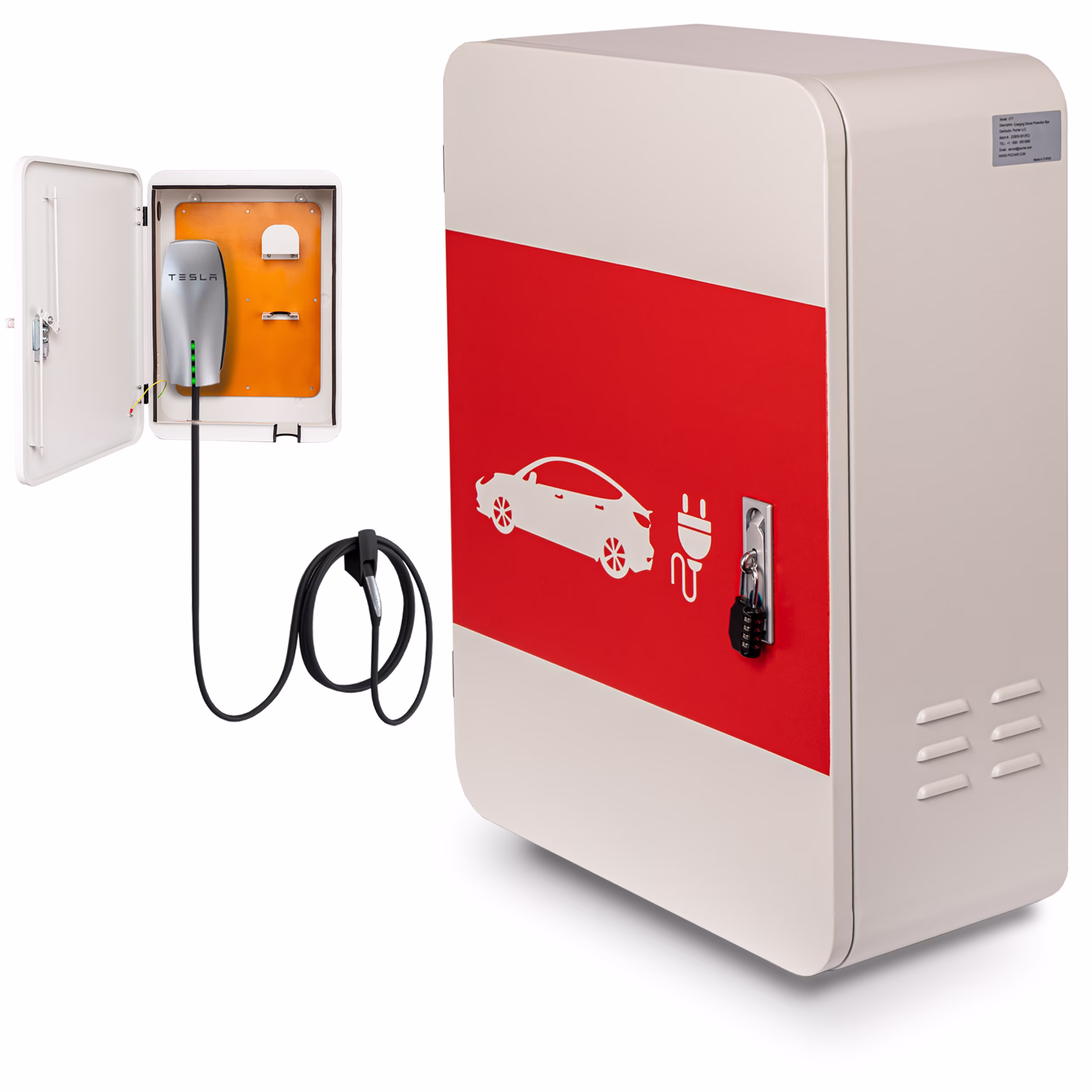 Pochar Tesla Charger Station Box, 28'' x 20'' x 10'' Indoor Outdoor Cable Box Charging Box Cable Organizer, IP66 Waterproof Dustproof Cool Roll Steel Electrical Enclosure Box, for Tesla Wall Connector