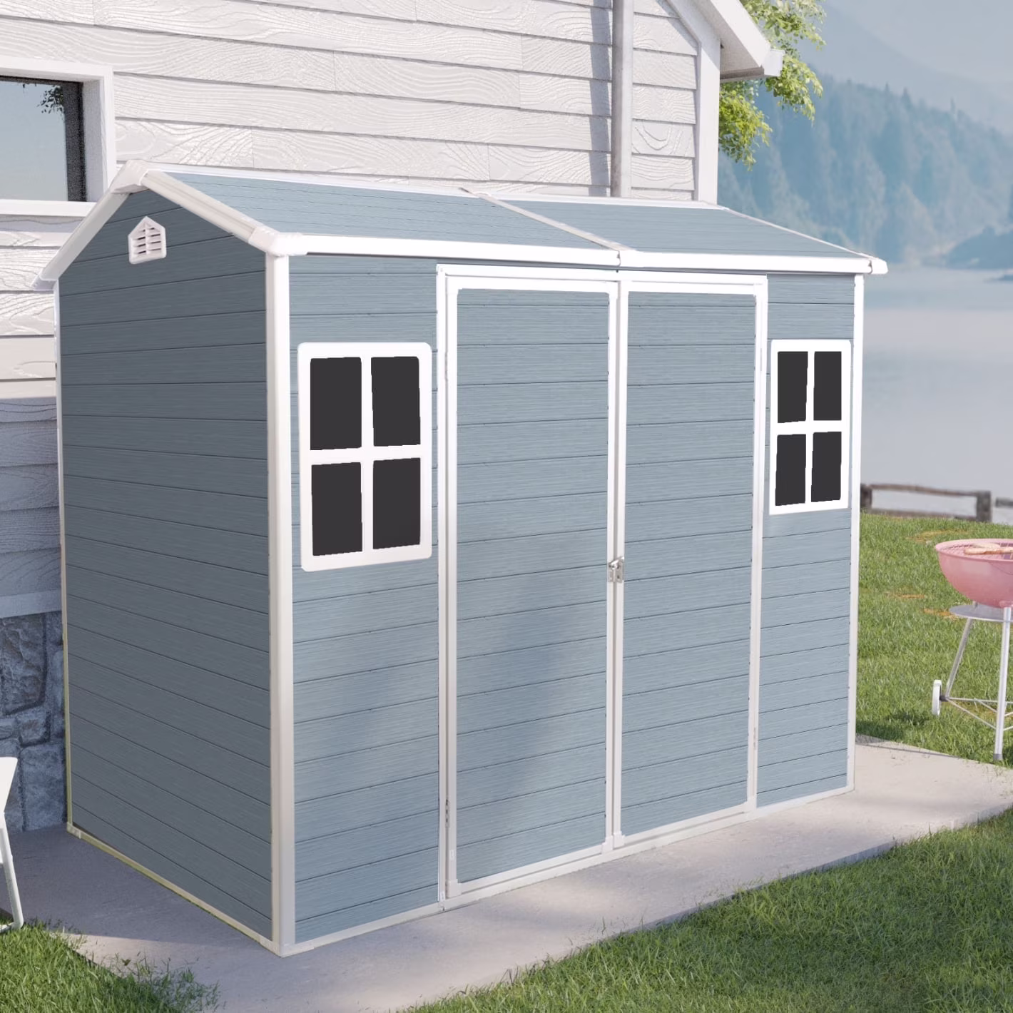 8x4 FT Outdoor Storage Shed with Floor, Resin Garden Sheds with Lockable Door, Vents & Windows, Weather Resistant Tool Shed with Sloped Roof for Backyard Patio, Grey