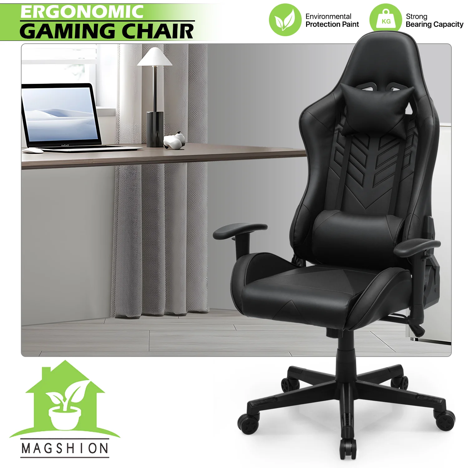 Magshion Ergonomic Gaming Chair, Comfortable Gaming Chair, Computer Chair Leather Desk Chair Adjustable Swivel Gaming Office Chair, Blue