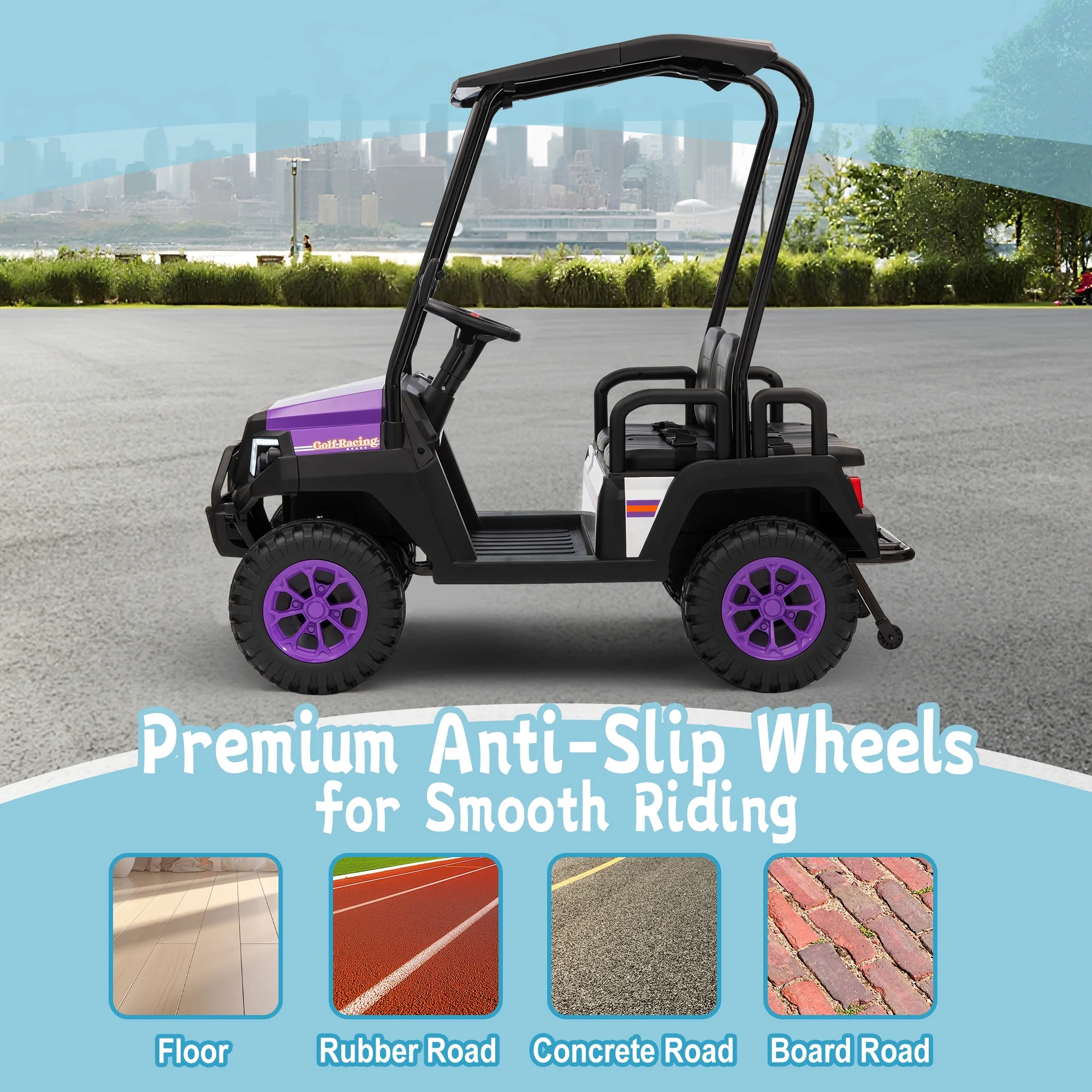 24V XL Kids Ride on Golf Cart, Electric Car w/Remote Control, Detachable Awning, 4 Seats, 3 Speeds, LED Lights, Spring Suspension, Bluetooth, Audio, Blue