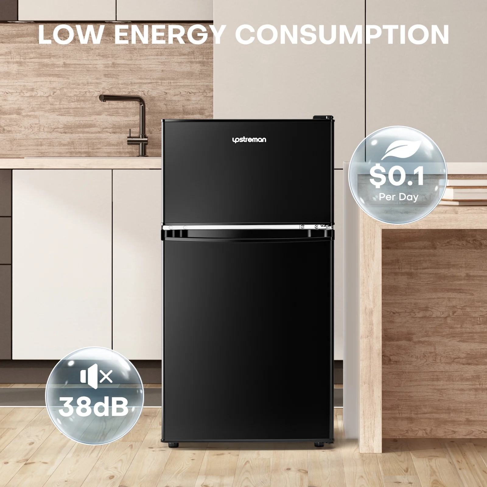 Upstreman 3.2 Cu.Ft Mini Fridge with Top Freezer, 2 Door Small Compact Refrigerator, Energy Saving, Adjustable Thermostat, Adjustable Legs, for Apartment Office Dorm Bedroom Garage RV, BD321 Black