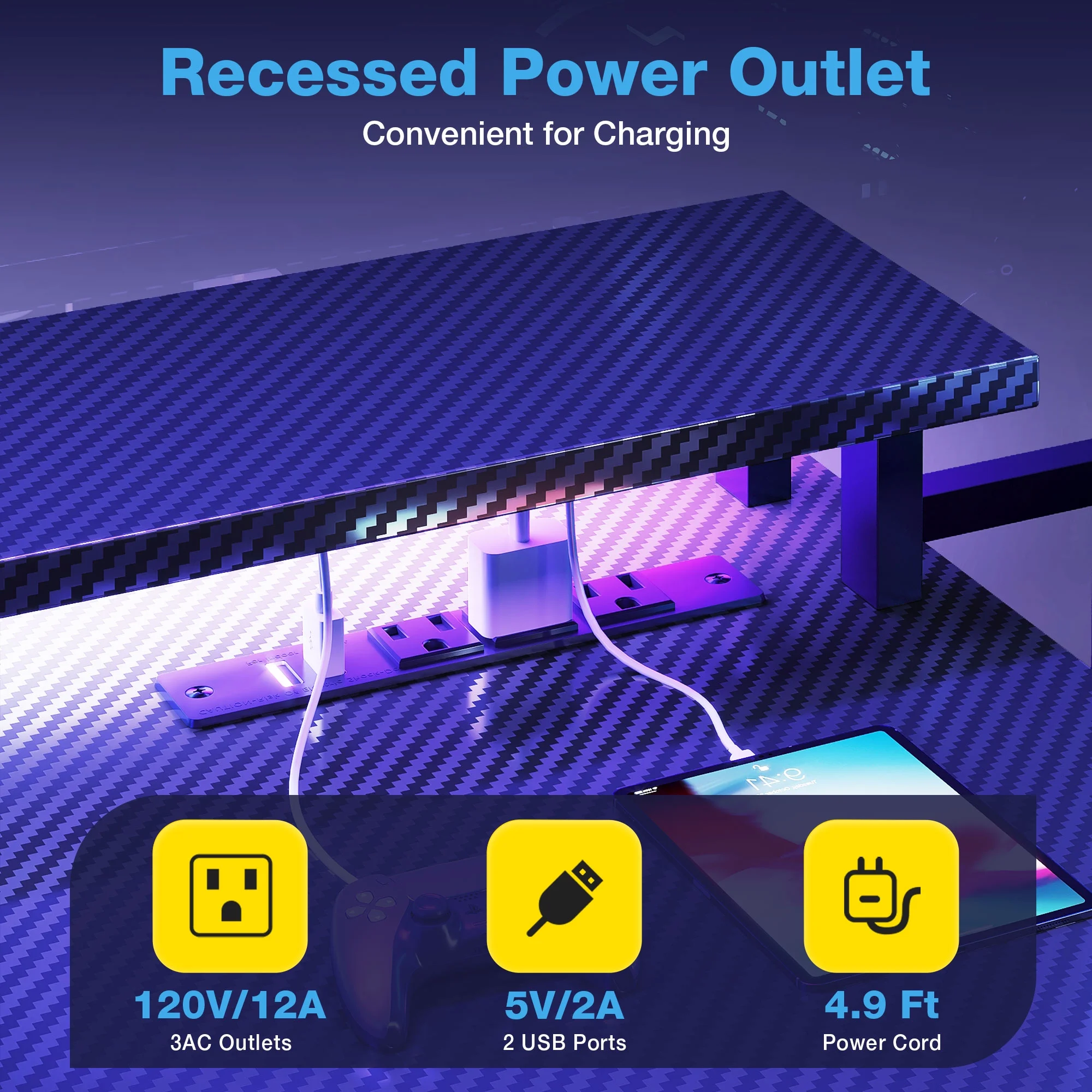 59 inch Gaming Desk with USB Charging Ports & LED Light- Reversible Computer Desk with Storage Shelves & Monitor Stand, Modern Gamer Desk Table with Fabric Drawers & Side Hook, Carbon Fiber Black