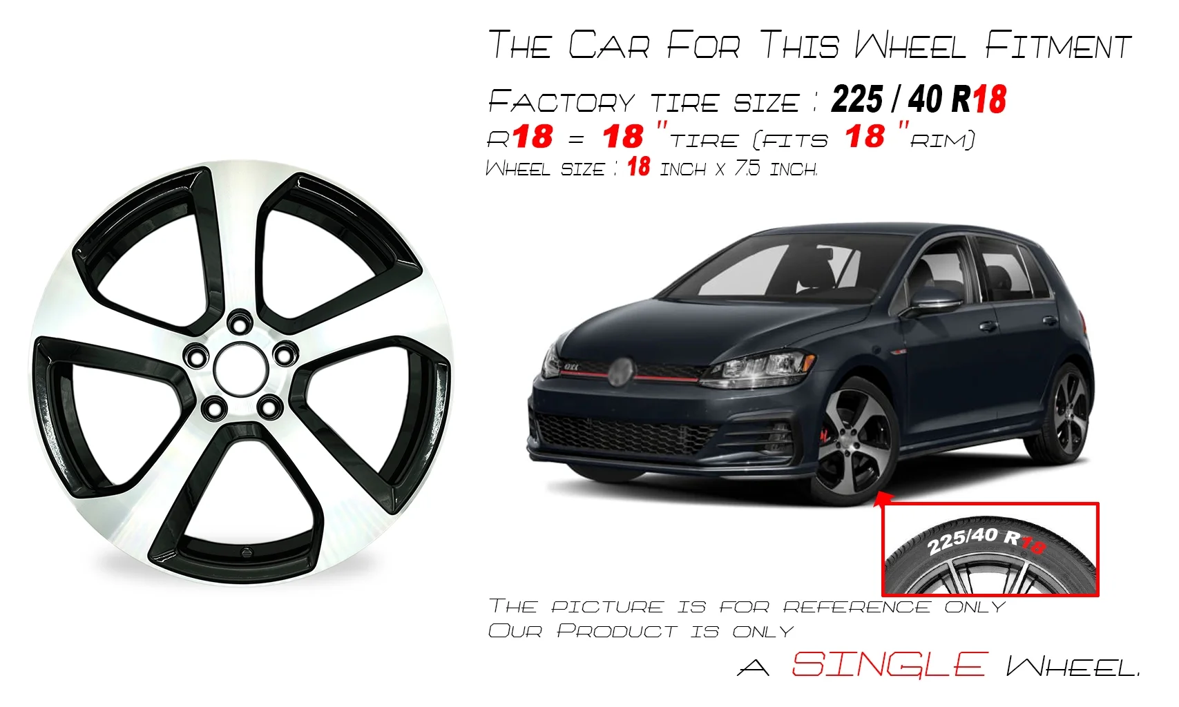 For Volkswagen Golf GTI New Single 18x7.5 Alloy Wheel 2014-2020 Machined Black OEM Design Wheel 18�� Replacement Rim