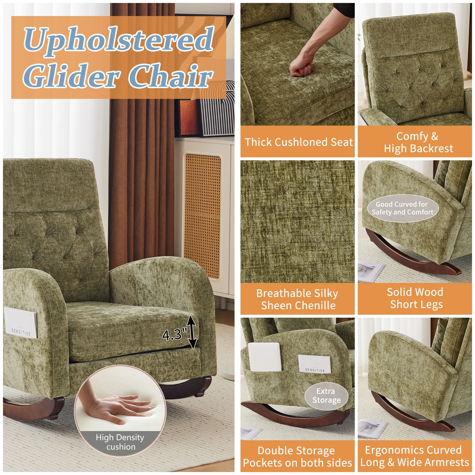 Ktaxon Rocking Accent Chair Glider Reading Chair Comfy Teddy Velvet Upholstered Single Sofa Rocker for Living Room, Nursery, Bedroom Beige