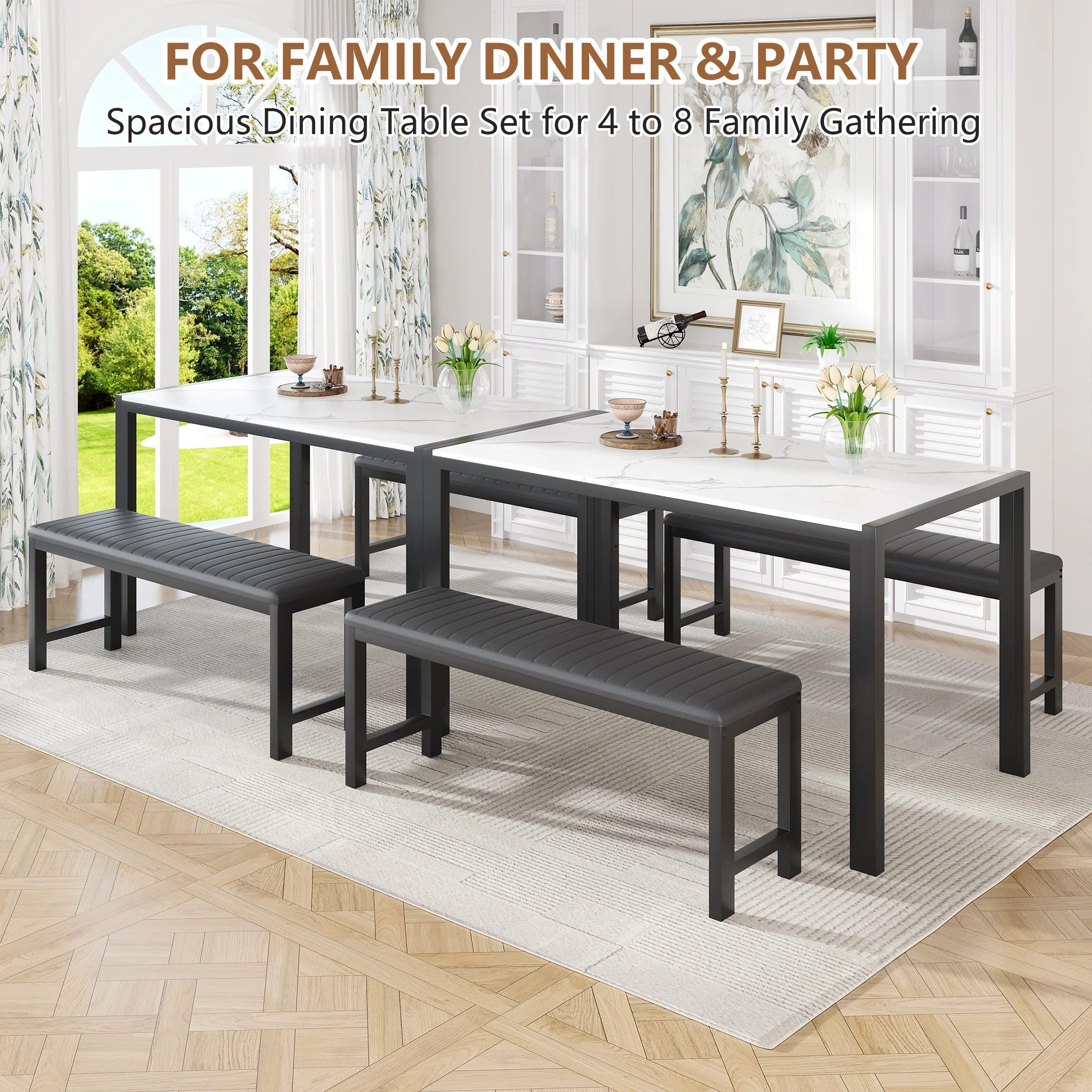 UHOMEPRO Dining Room Table Set, 3-Piece Dining Table Set with 2 Benches, Kitchen Table Set for 4 with Metal Frame, Modern Dining Room Set Furniture Set for Bar Dining Room Breakfast Nook, Black