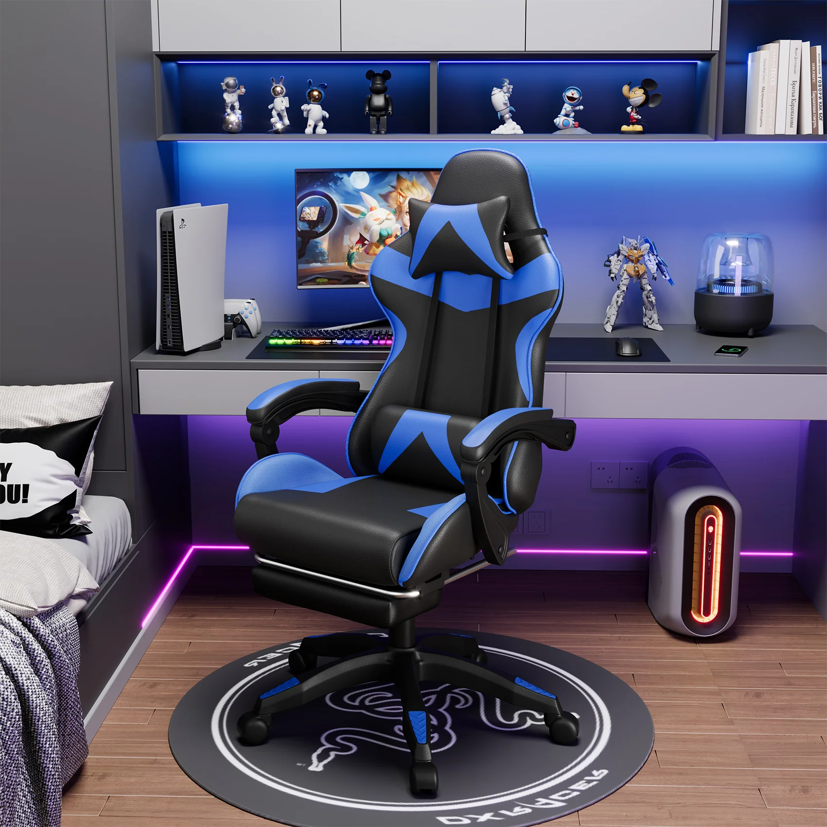 Mr IRONSTONE Office Gaming Chair with Footrest & Lumbar Support, Ergonomic Adjustable Computer Chair with Swivel Seat & Headrest, Blue