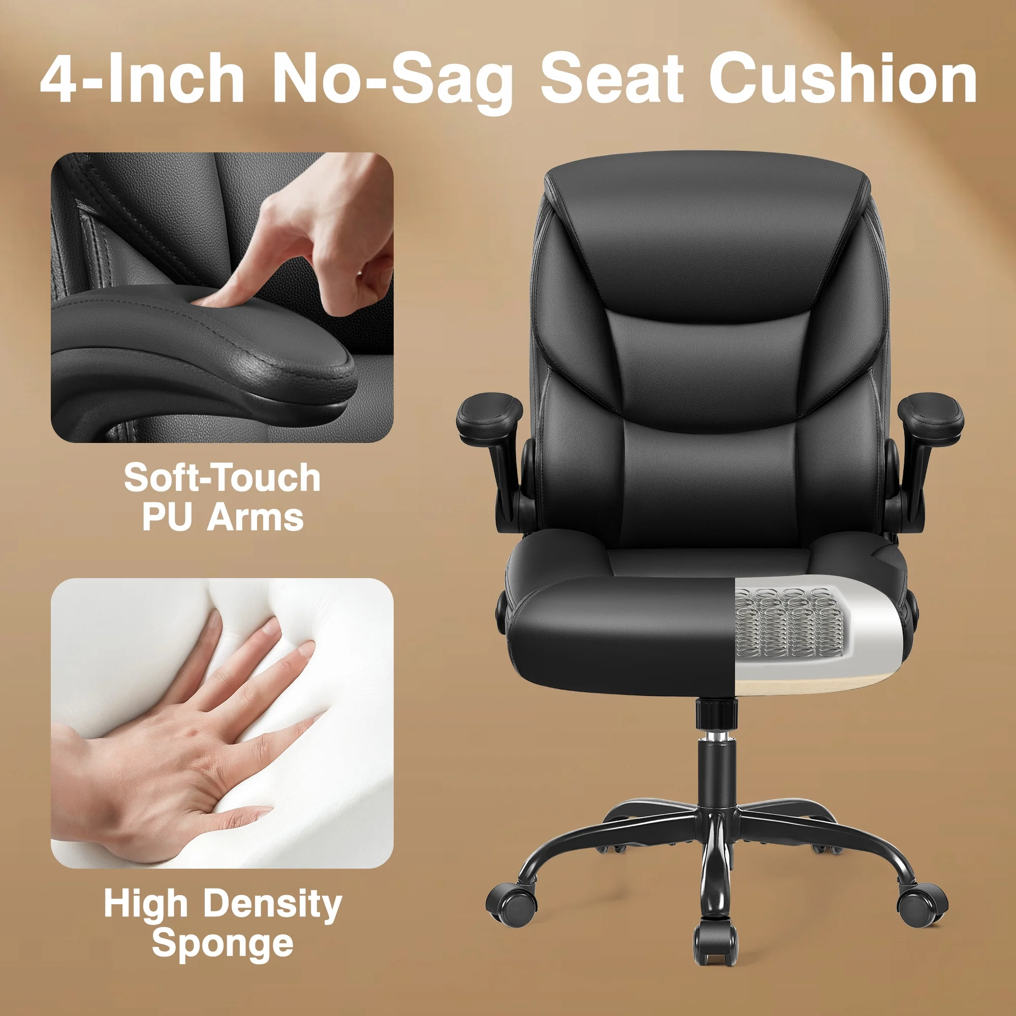 Primy Compact PU Leather Office Chair - Ergonomic Adjustable Height Computer Desk Chair with Flip-Up Armrests, Mid-Back Executive Swivel Chair on Wheels for Small Spaces & Petite Users, Black