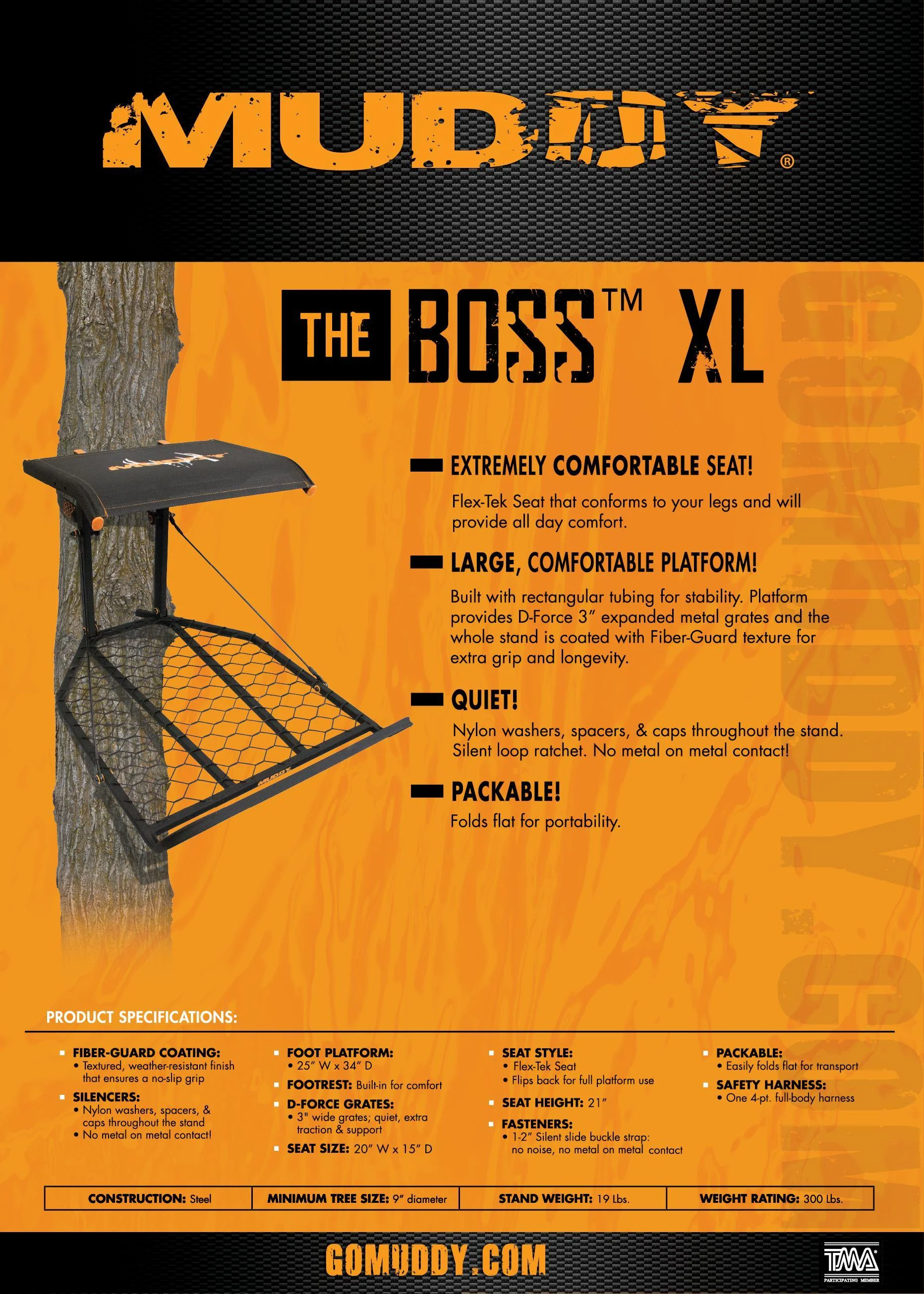 MUDDY Boss XL Hang-on, Durable Weather-Resistant Outdoor Hunting Tree Stand, Wide Stance Platform with Fixed Footrest & Flip-Back Flex-Tek Seat, 300 Pound Maximum Capacity